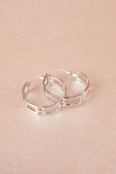 Silver Geometric Link Hoop Earrings
