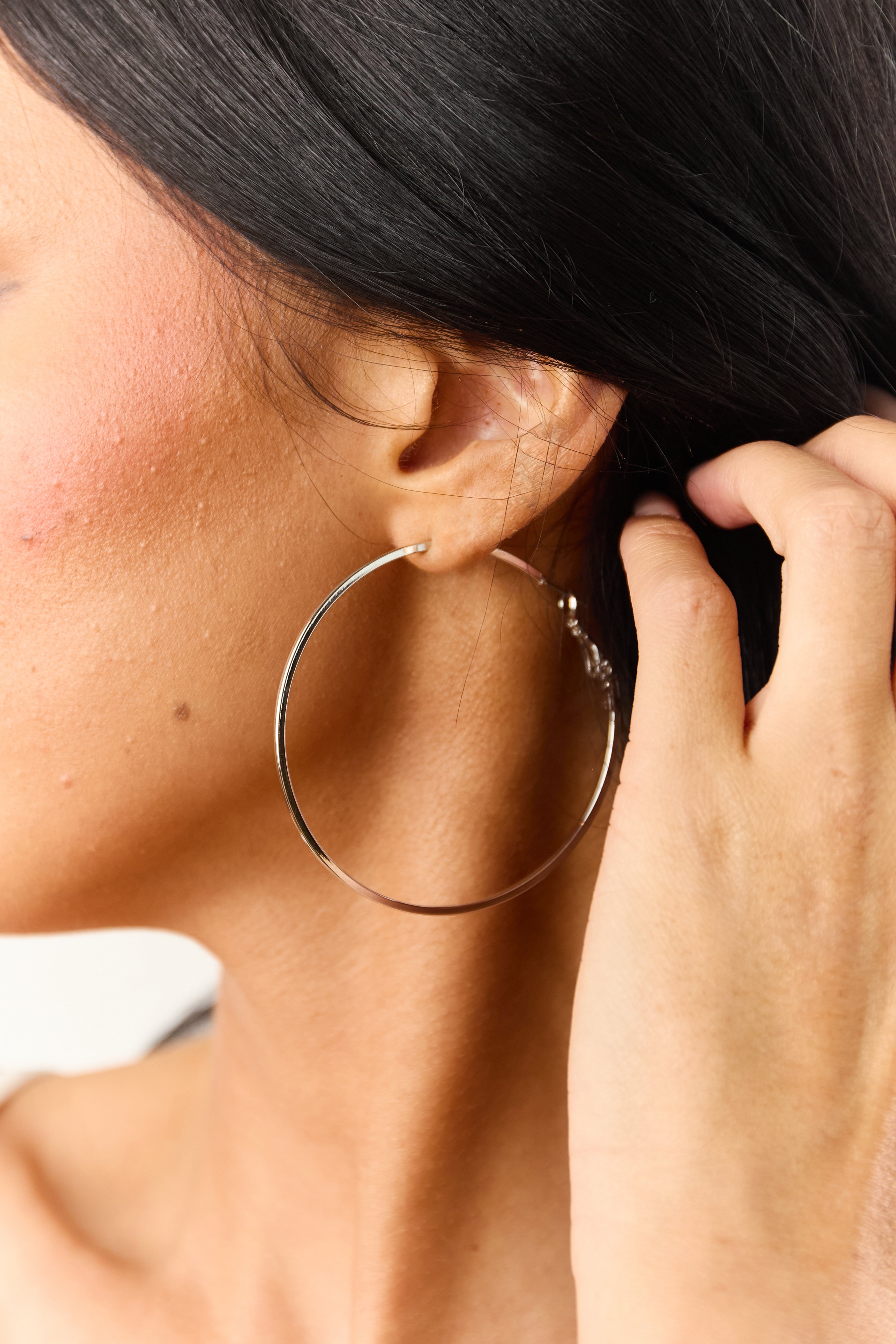 Silver Latch Closure Large Hoop Earrings