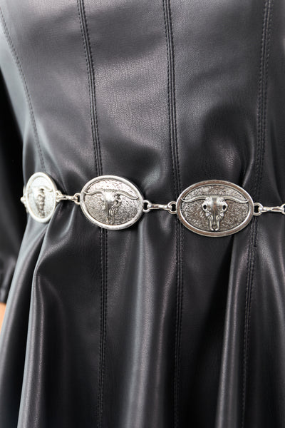 Silver Longhorn Skull Concho Disc Chain Belt