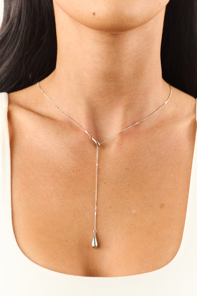 Silver Metallic Adjustable Lariat Teardrop Necklace