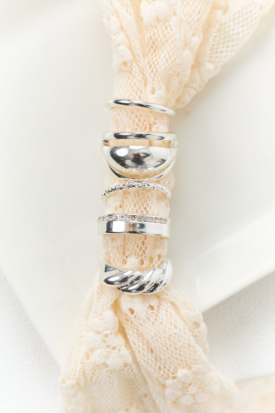 Silver Metallic Assorted 5 Piece Ring Set