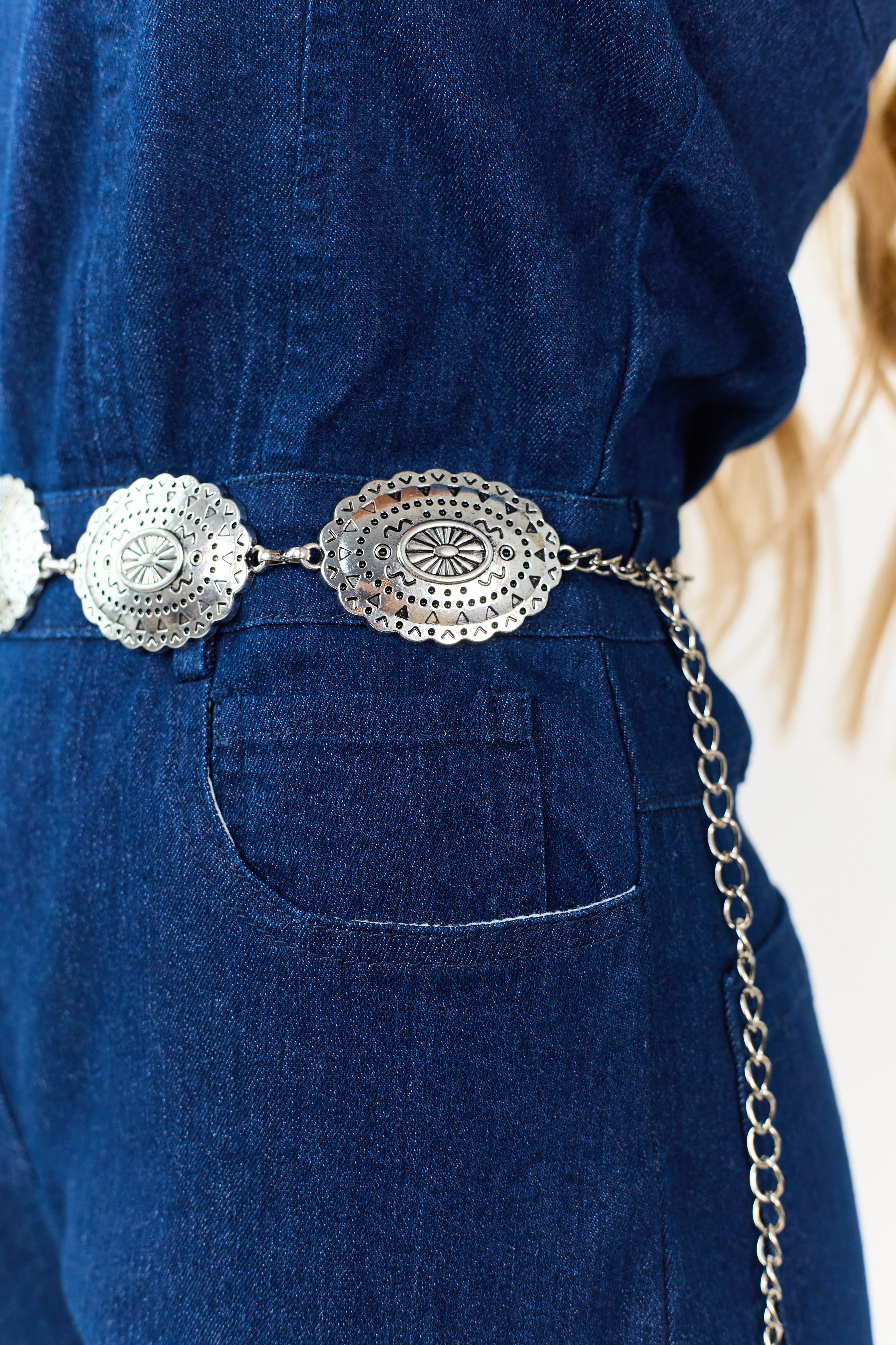 Silver Metallic Concho Disc Chain Belt