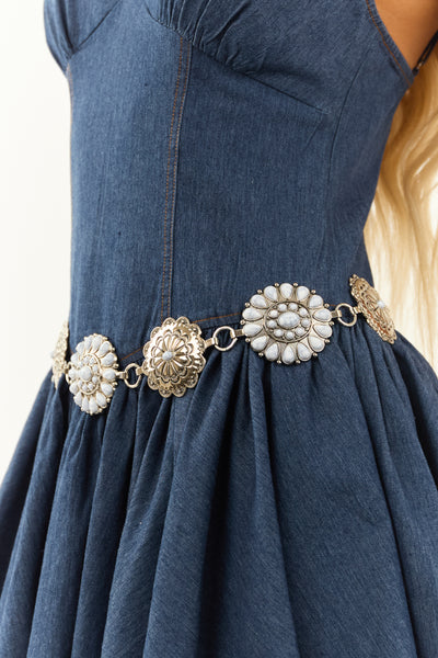 Silver Metallic Concho Stone Disc Chain Belt