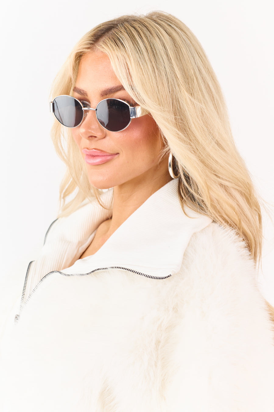 Silver Metallic Frame Oval Lens Sunglasses