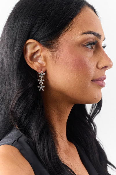 Silver Metallic Rhinestone Flower Dangle Earrings