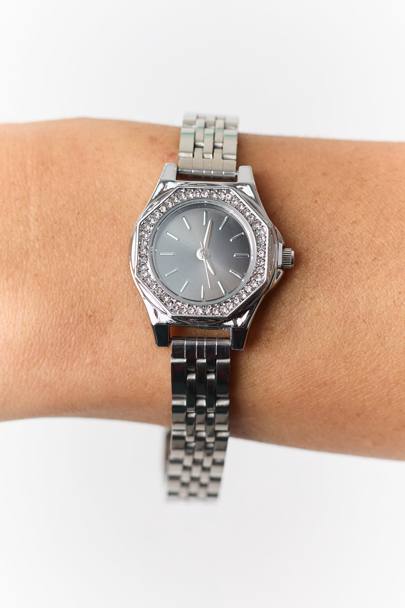 Silver Metallic Rhinestone Trim Octagonal Watch