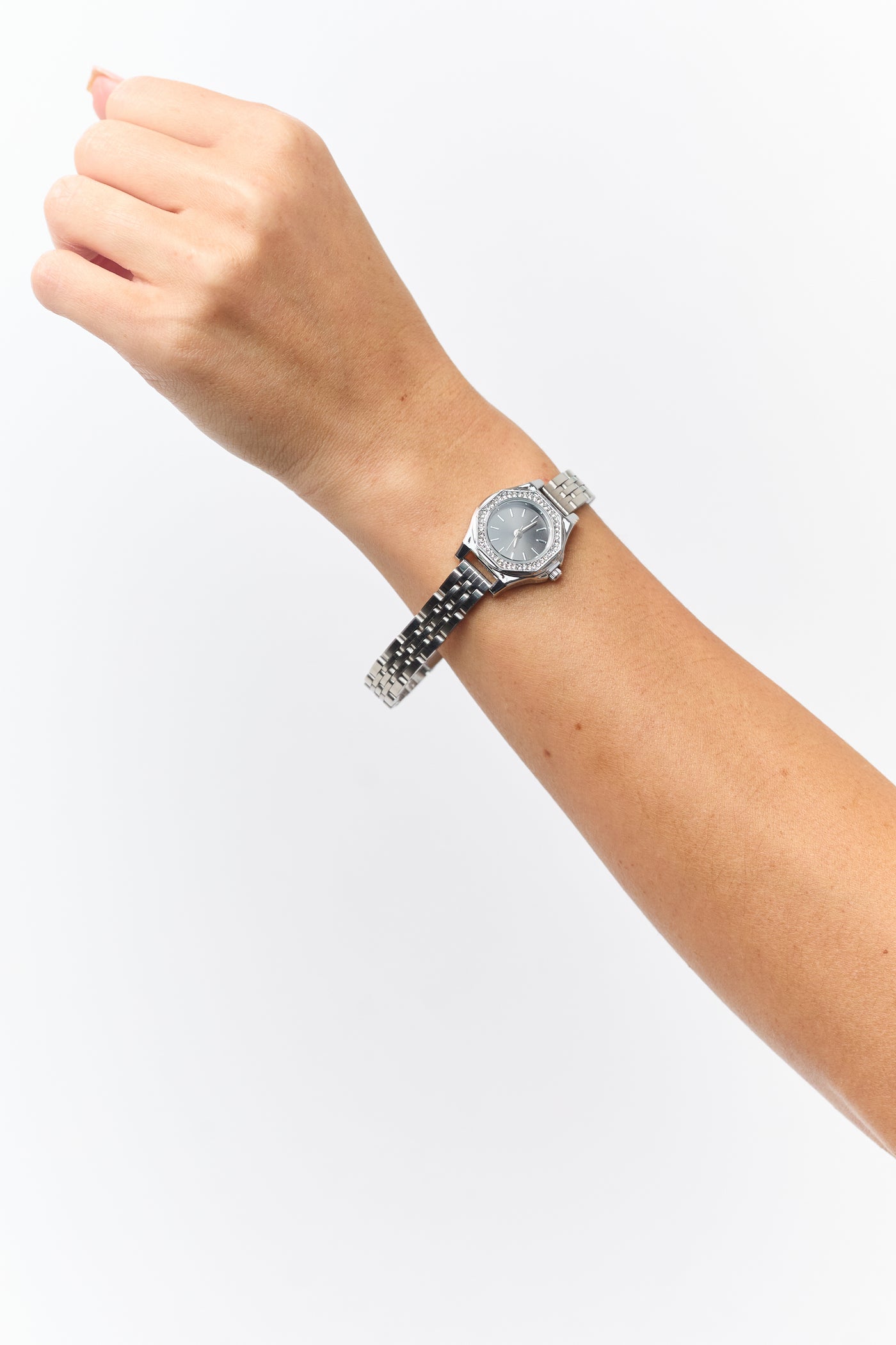 Silver Metallic Rhinestone Trim Octagonal Watch