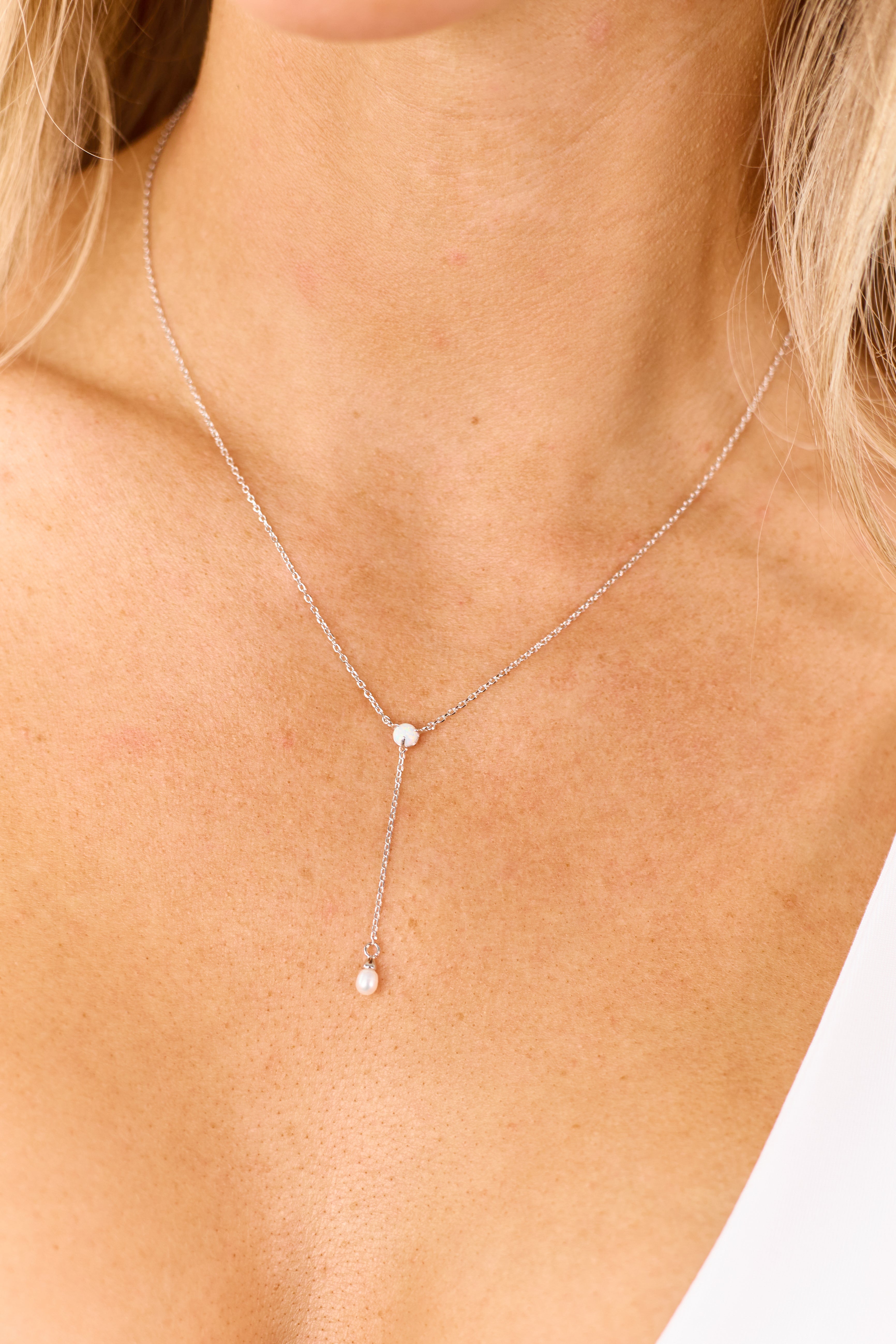 Silver Opal and Pearl Charm Lariat Necklace