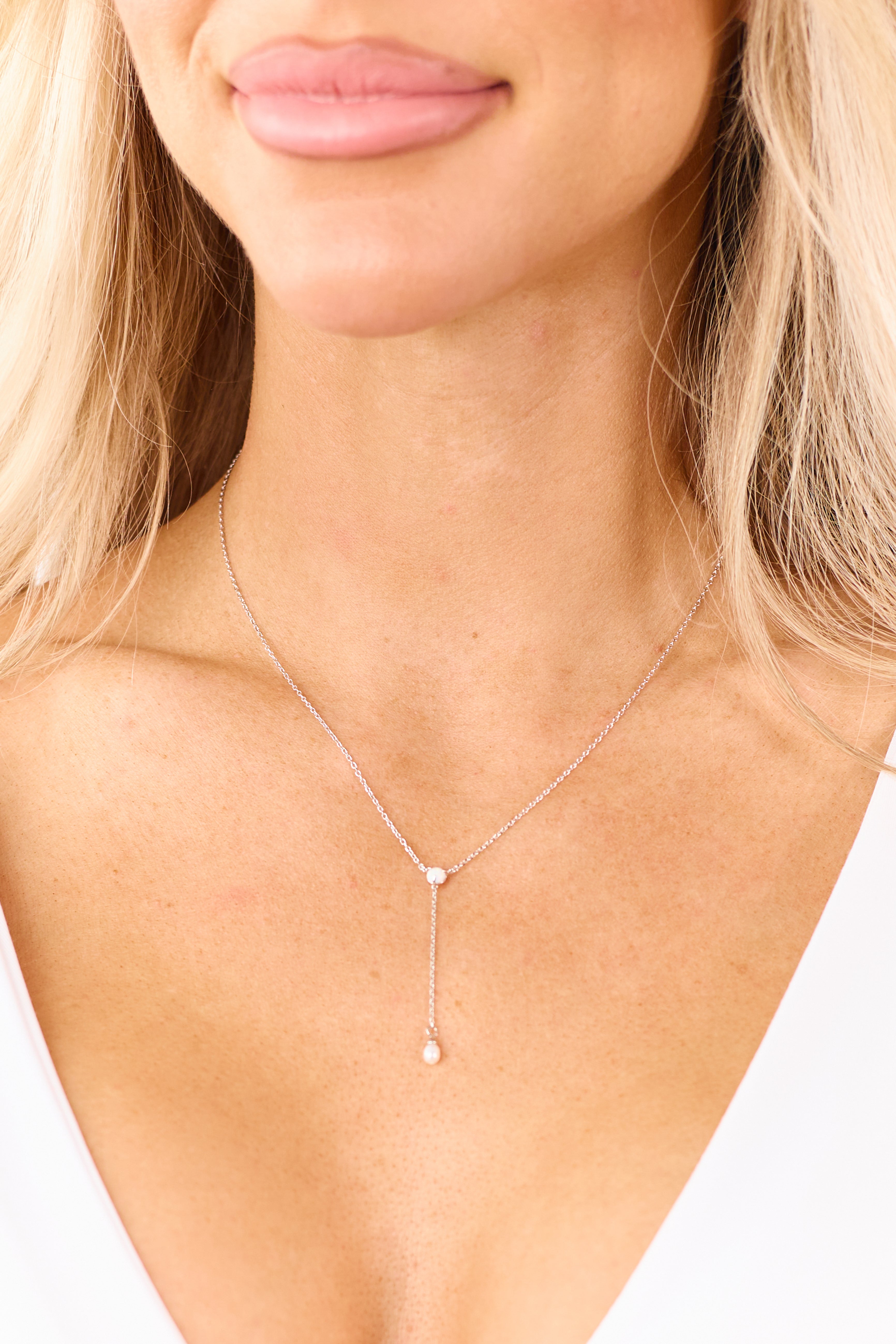 Silver Opal and Pearl Charm Lariat Necklace