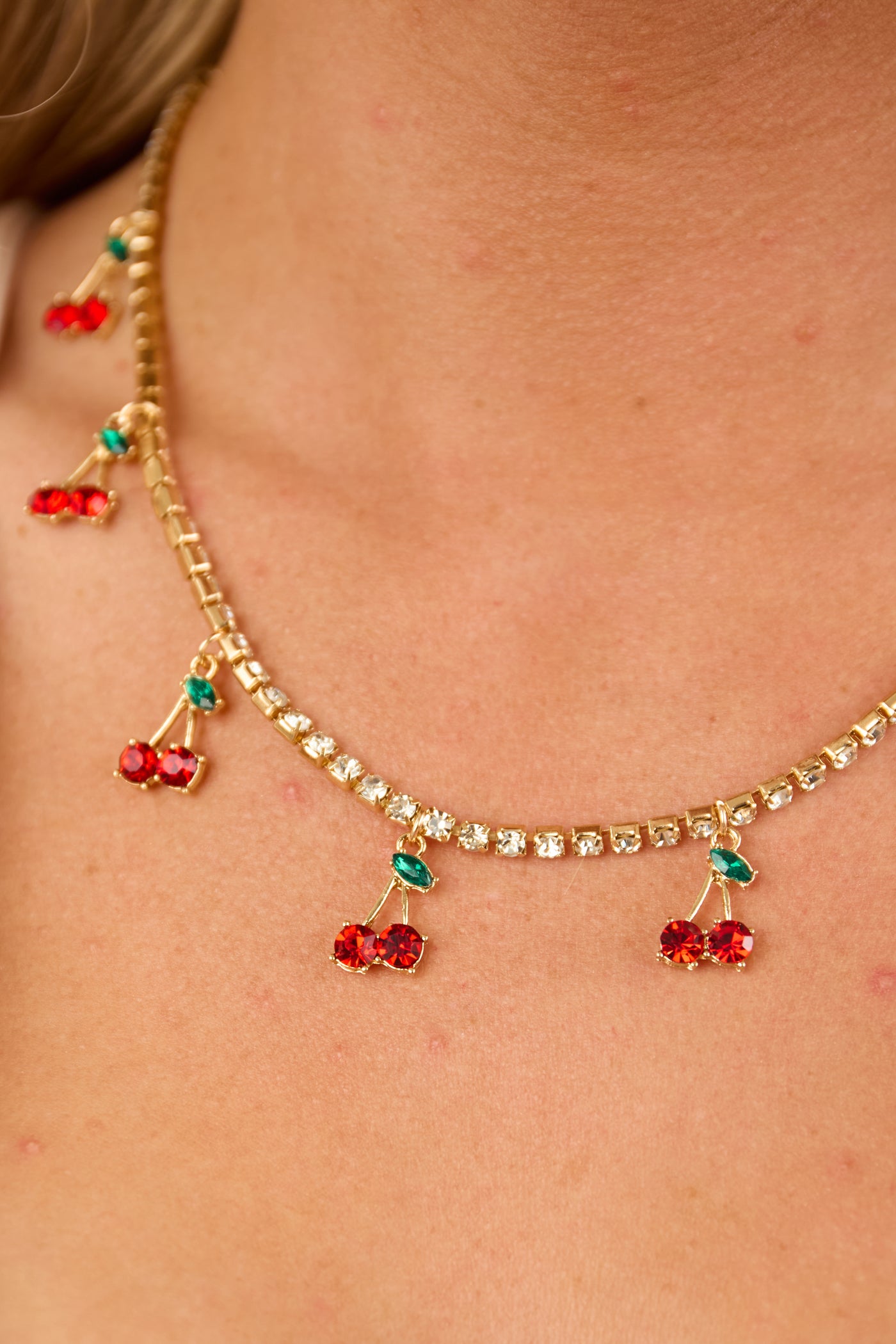 Silver Rhinestone Cherry Pendant Necklace