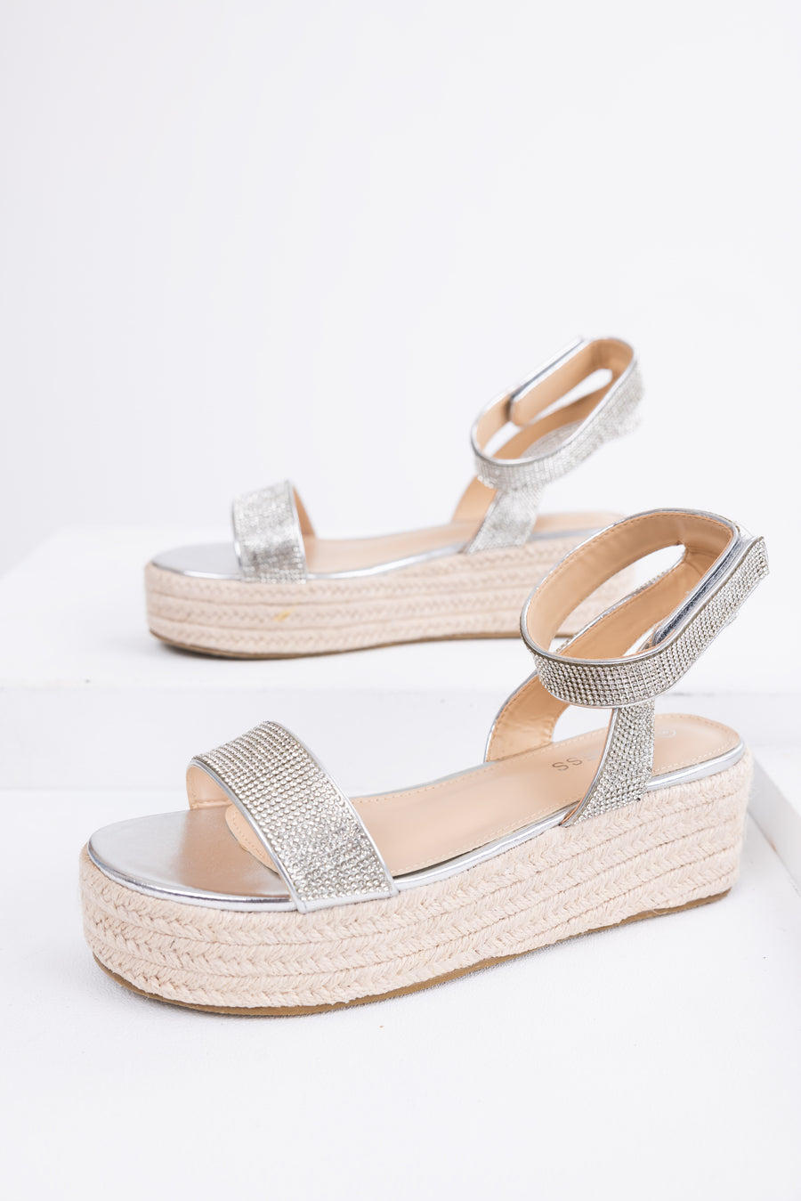 Silver Rhinestone Espadrille Platform Sandals