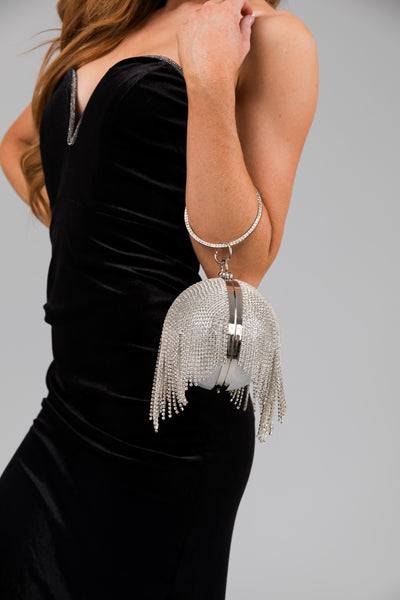 Silver Rhinestone Fringe Ball Pendant Clutch