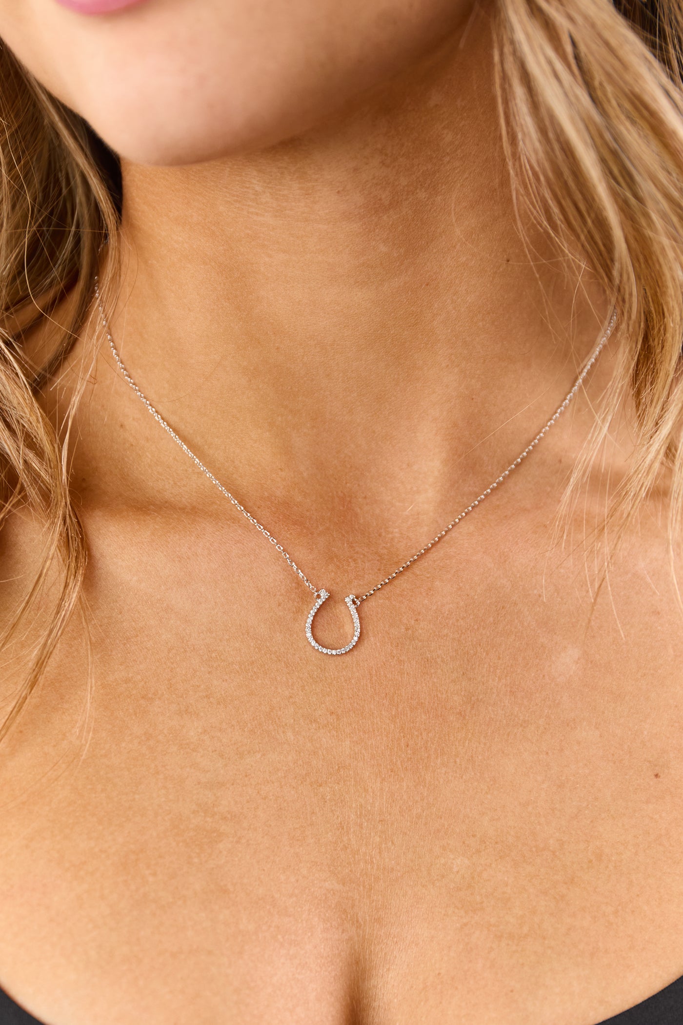 Silver Rhinestone Horseshoe Pendant Necklace