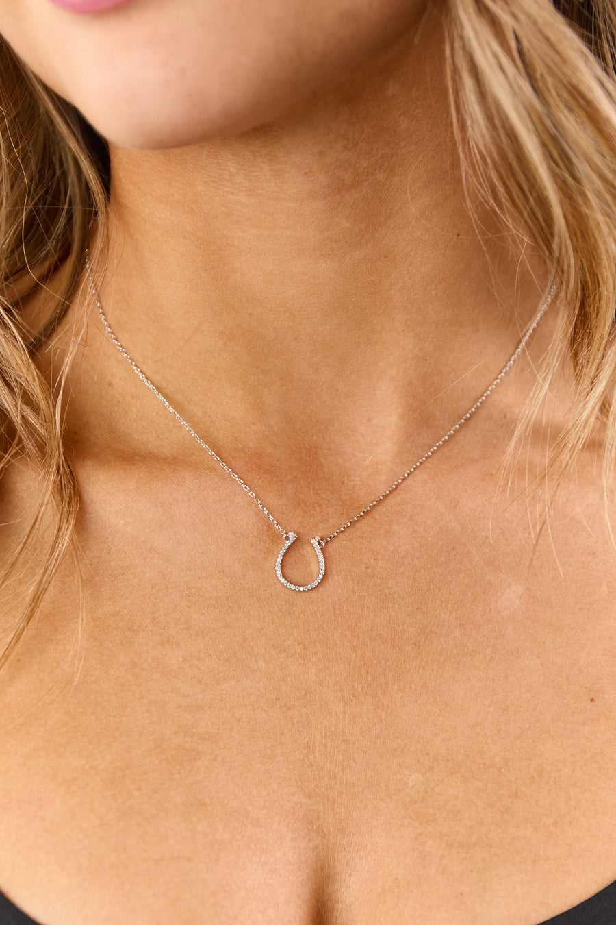 Silver Rhinestone Horseshoe Pendant Necklace