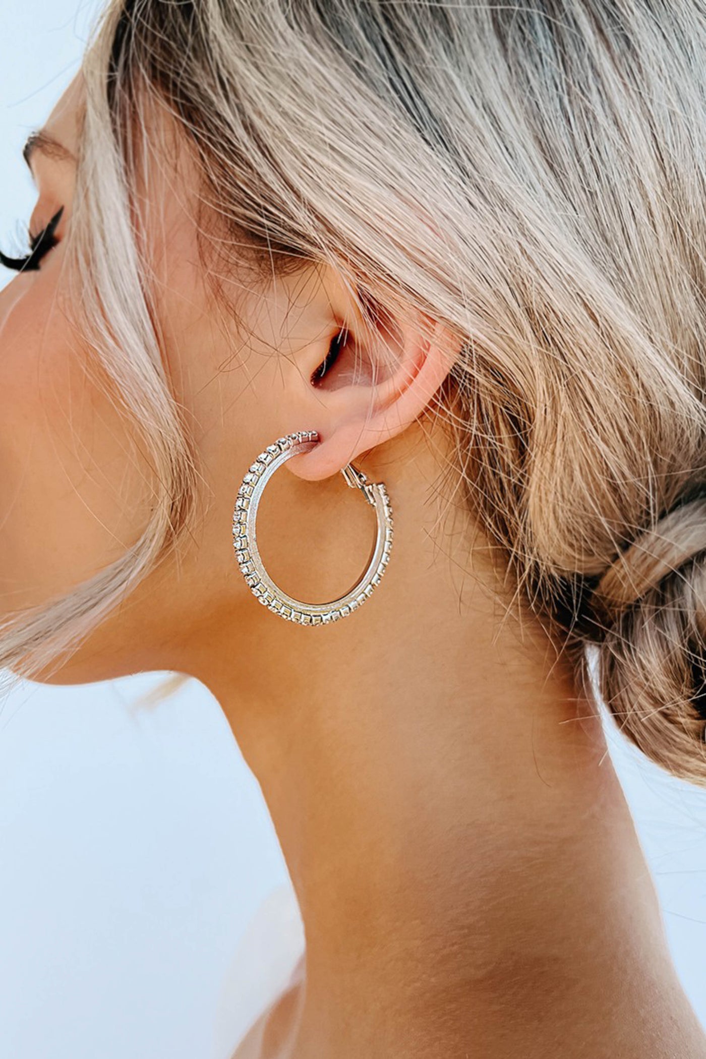 Silver Rhinestone Paved Saddleback Hoop Earrings