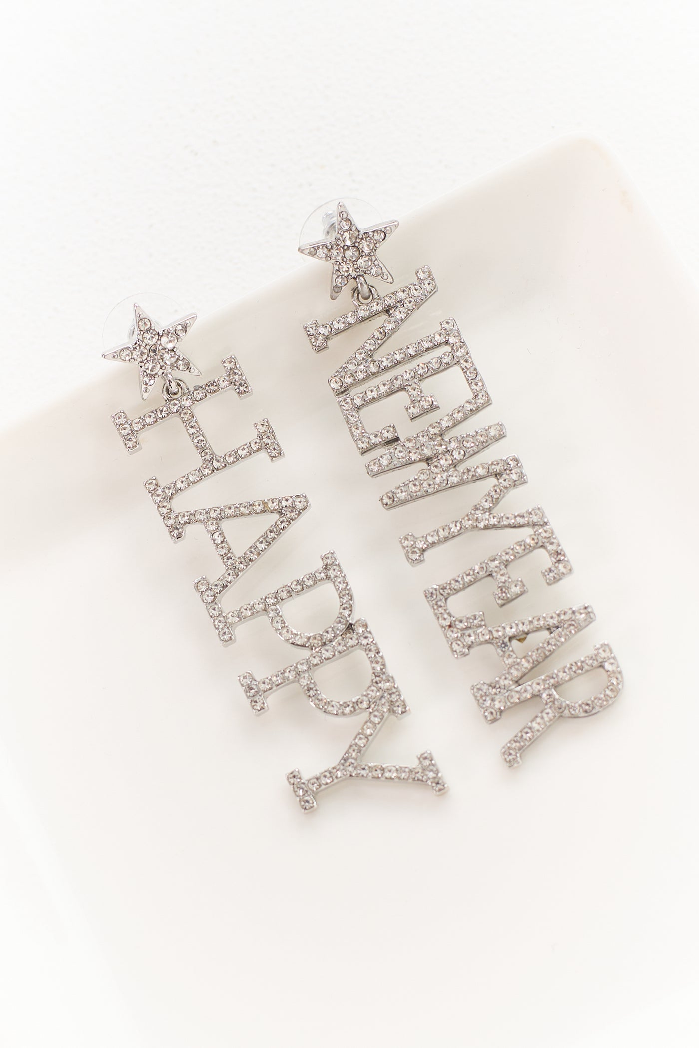 Silver Rhinestone 'Happy New Year' Dangle Earrings