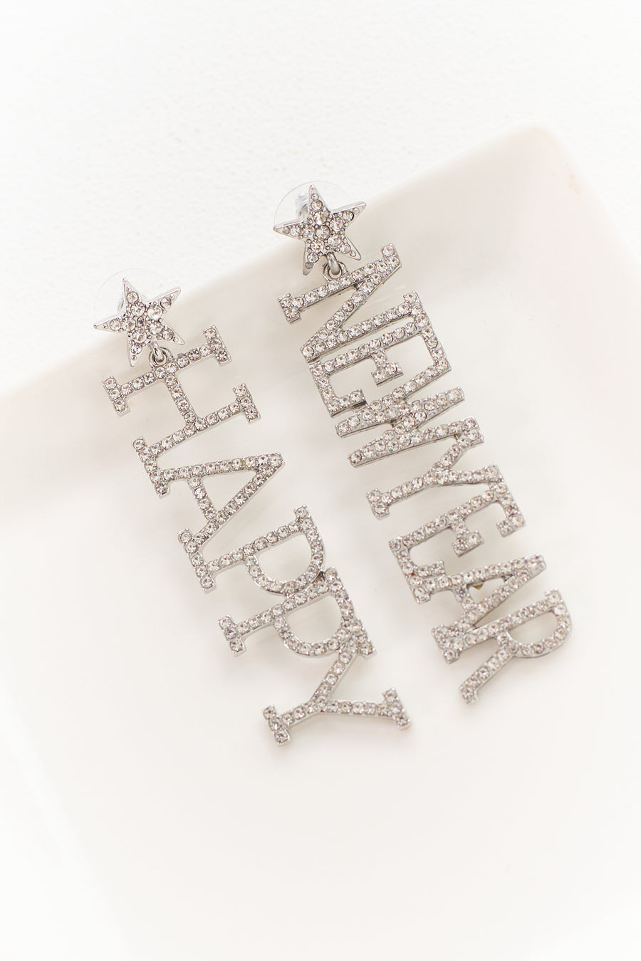 Silver Rhinestone 'Happy New Year' Dangle Earrings