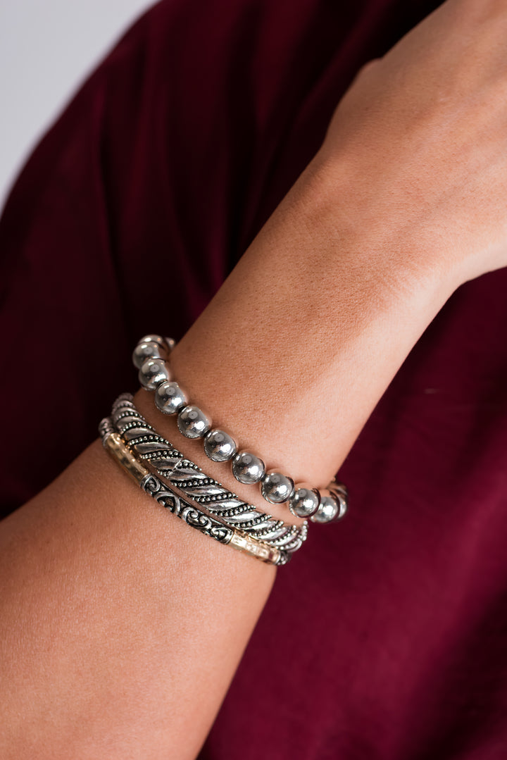 Silver Set of 3 Beaded Elastic Bracelets