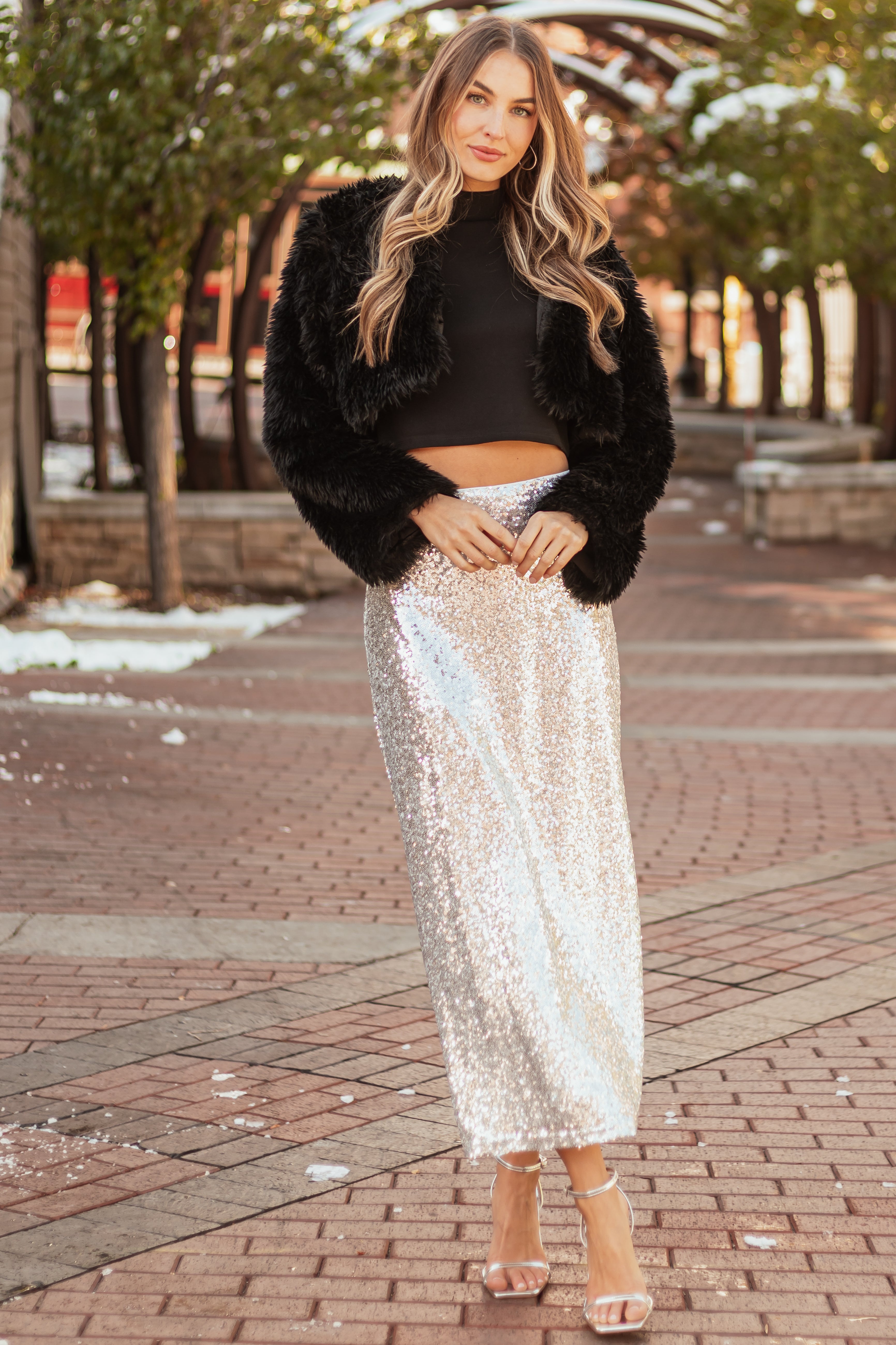 Silver Shiny Sequined Back Slit Midi Skirt | Lime Lush Boutique