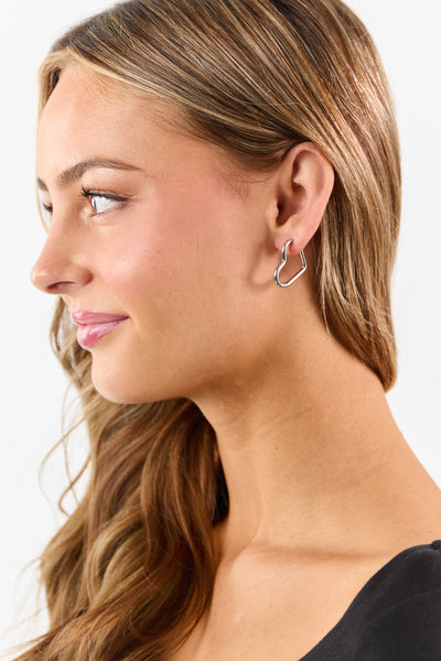 Silver Stainless Steel Huggie Heart Earrings