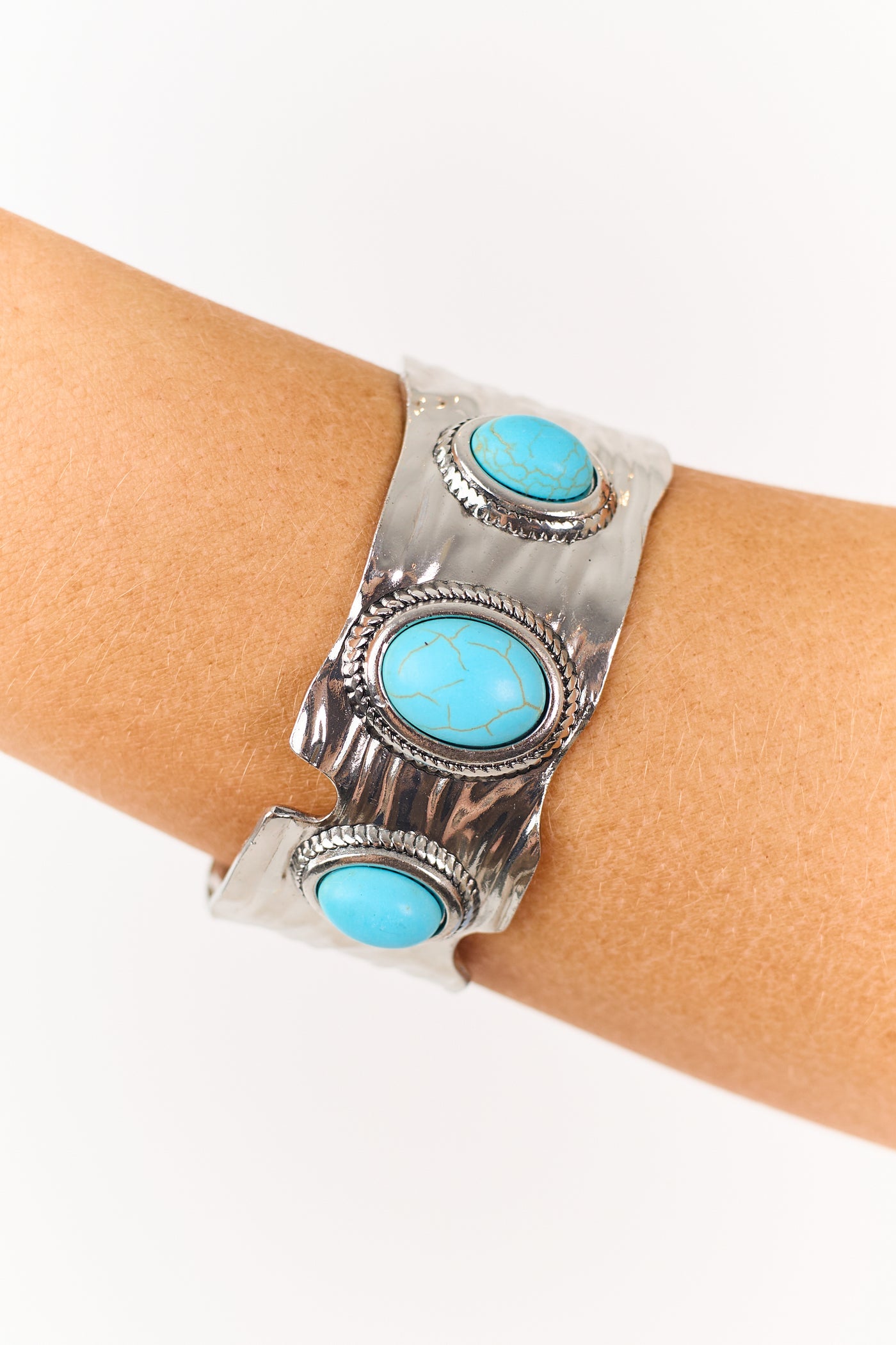 Silver Textured Turquoise Stone Cuff Bracelet