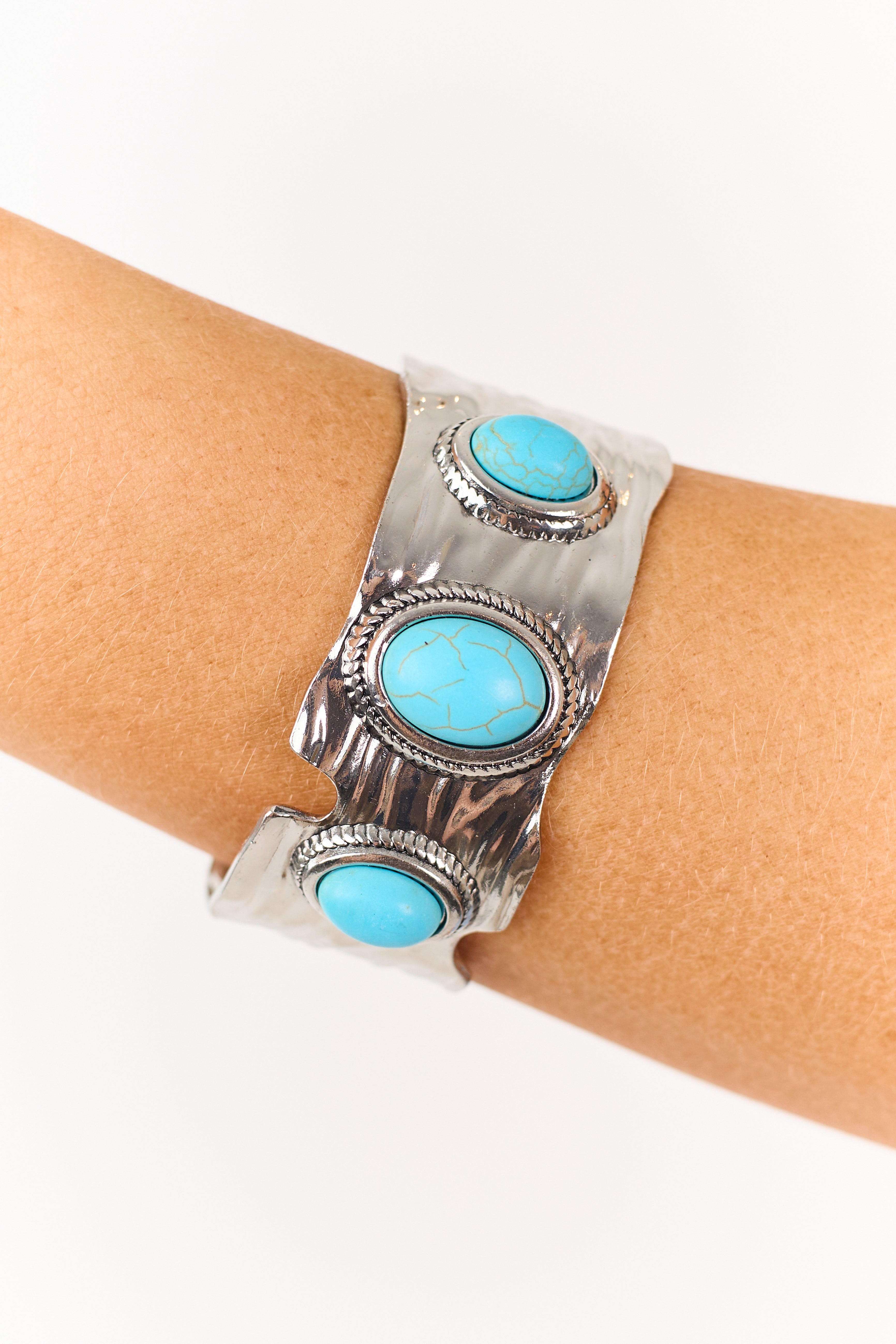 Silver Textured Turquoise Stone Cuff Bracelet
