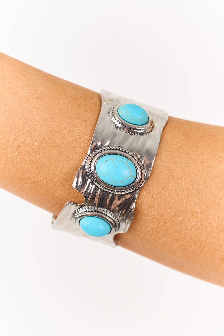 Silver Textured Turquoise Stone Cuff Bracelet