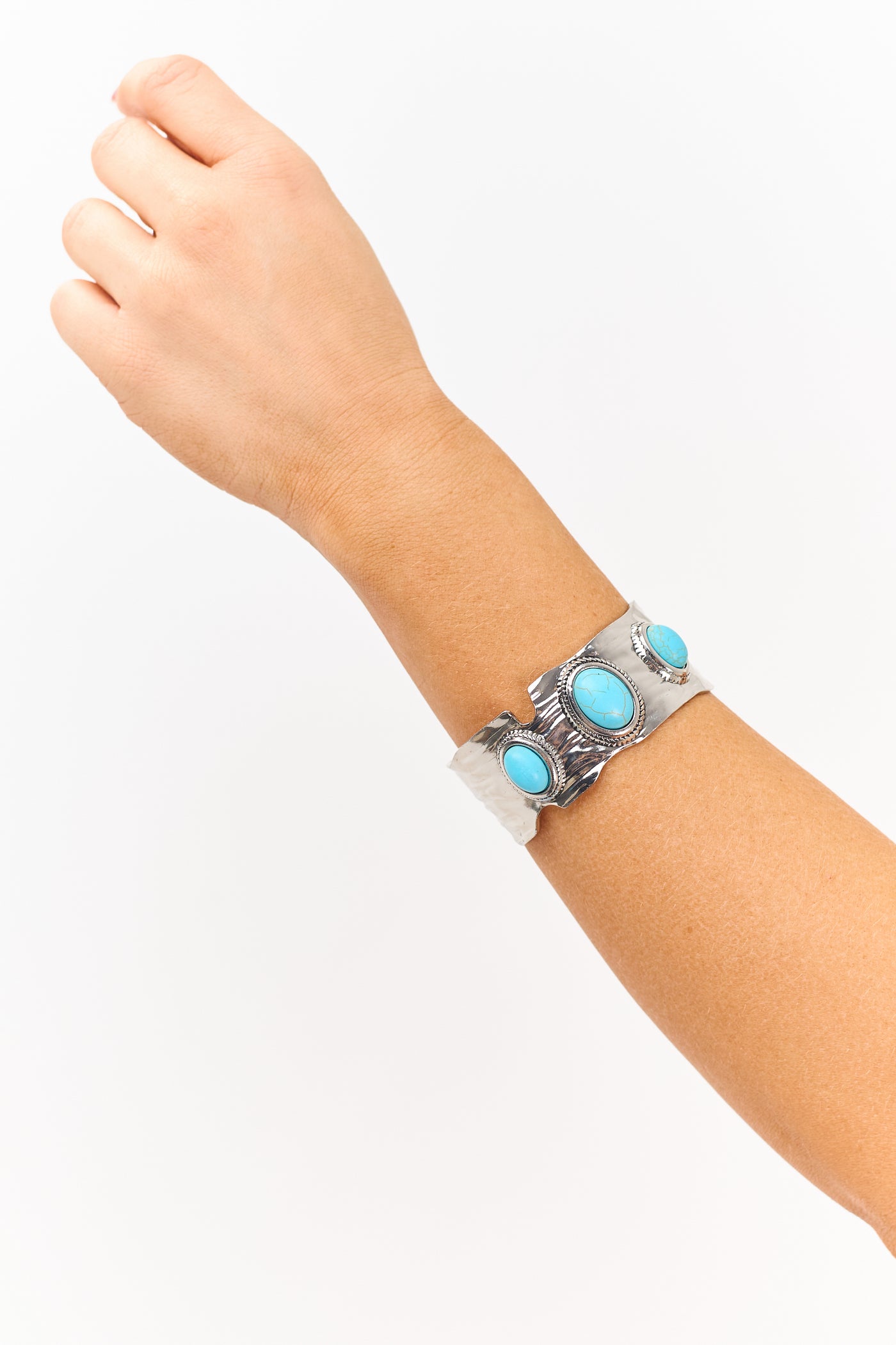 Silver Textured Turquoise Stone Cuff Bracelet