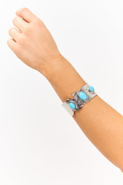 Silver Textured Turquoise Stone Cuff Bracelet