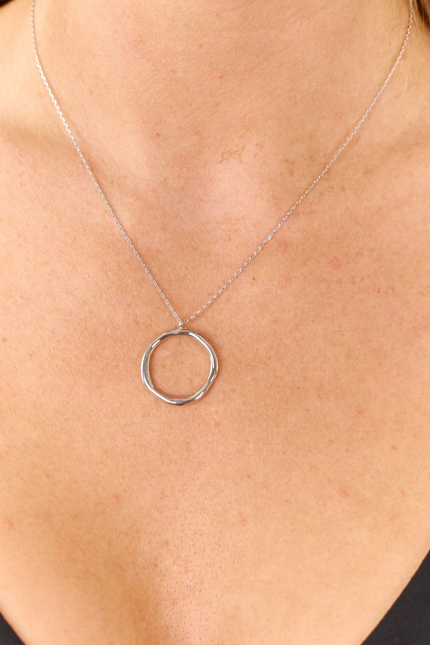 Silver Warped Metallic Hoop Pendant Necklace