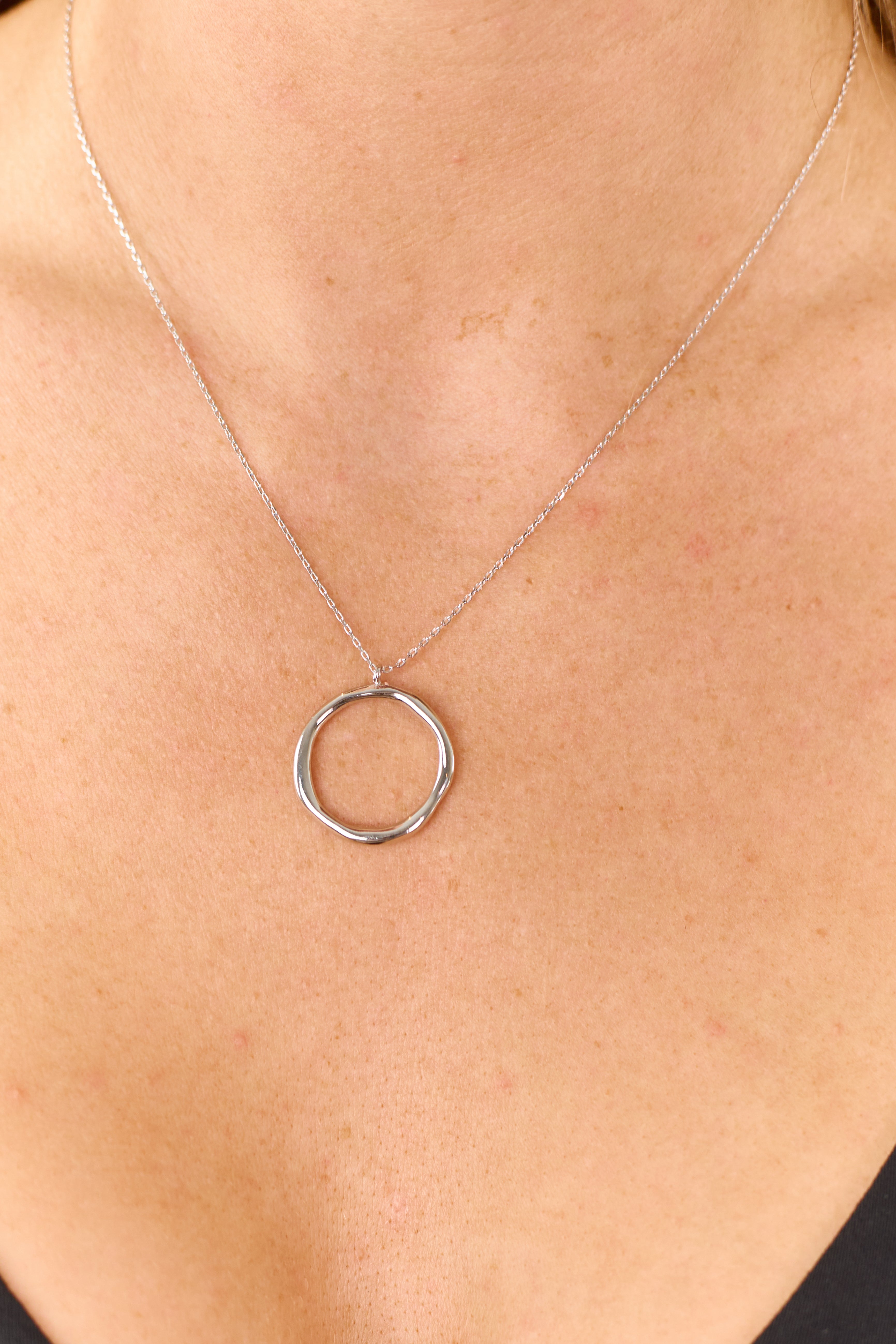 Silver Warped Metallic Hoop Pendant Necklace