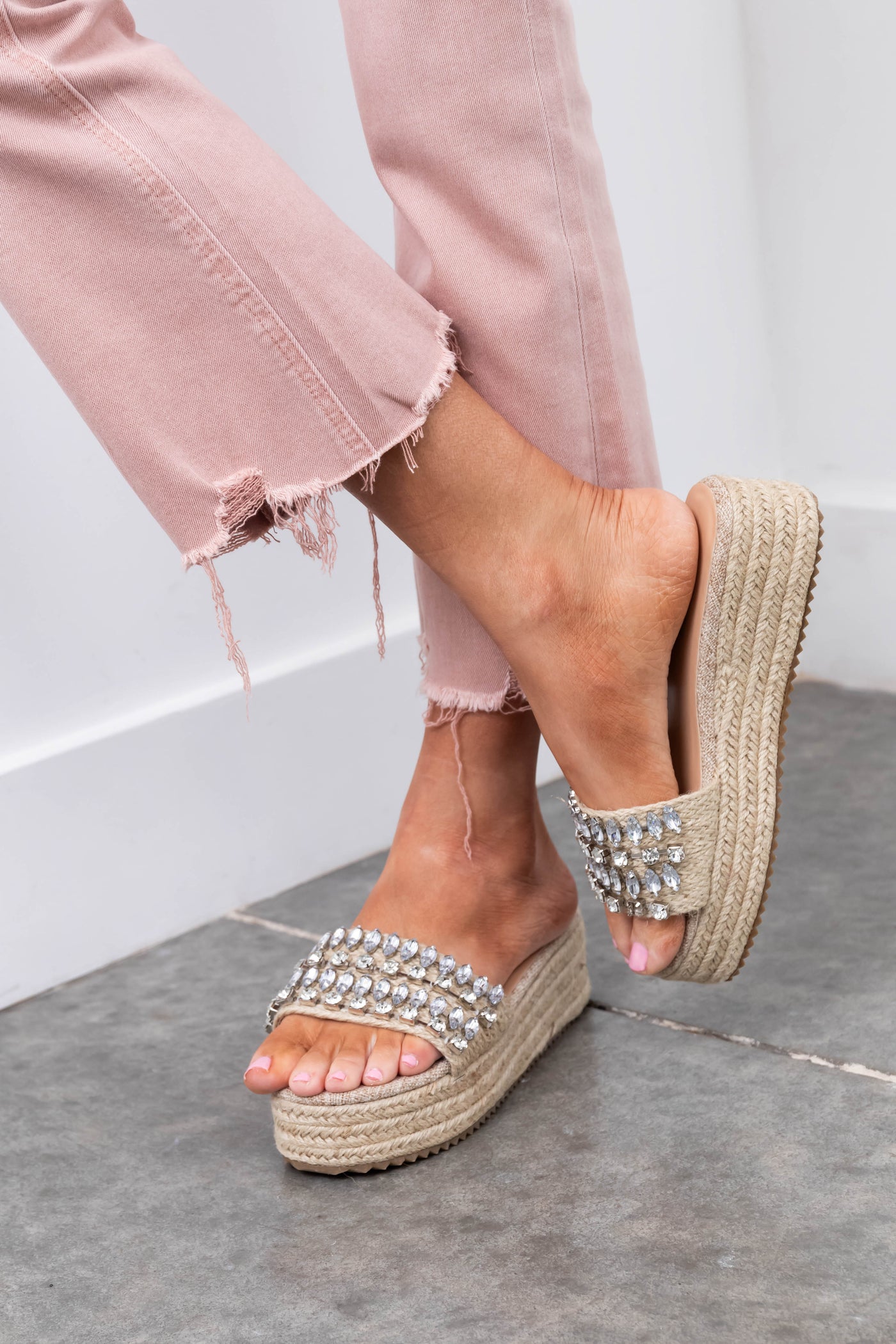 Silver and Beige Rhinestone Espadrille Sandals