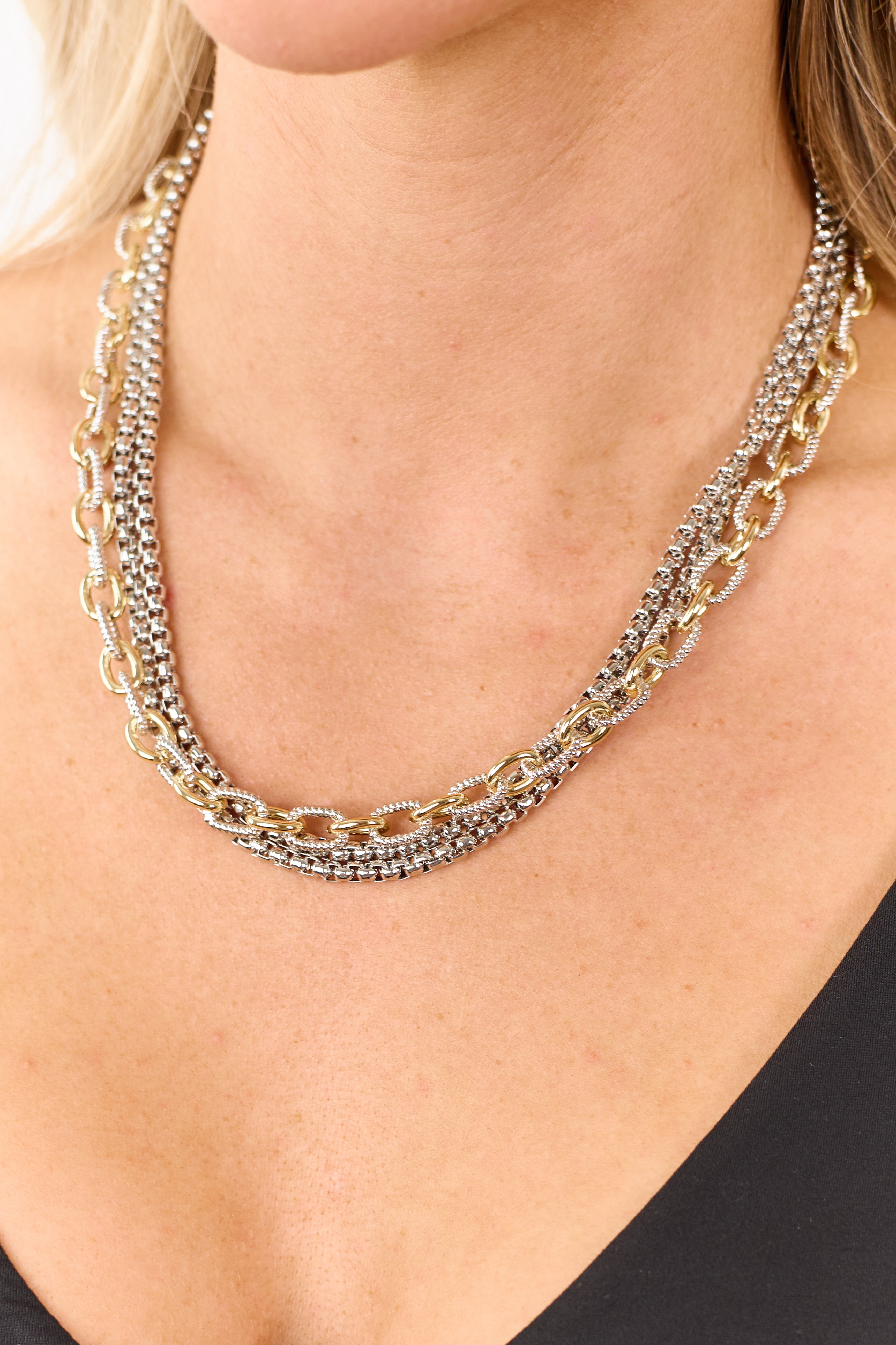 Silver and Gold Metallic Triple Layer Necklace