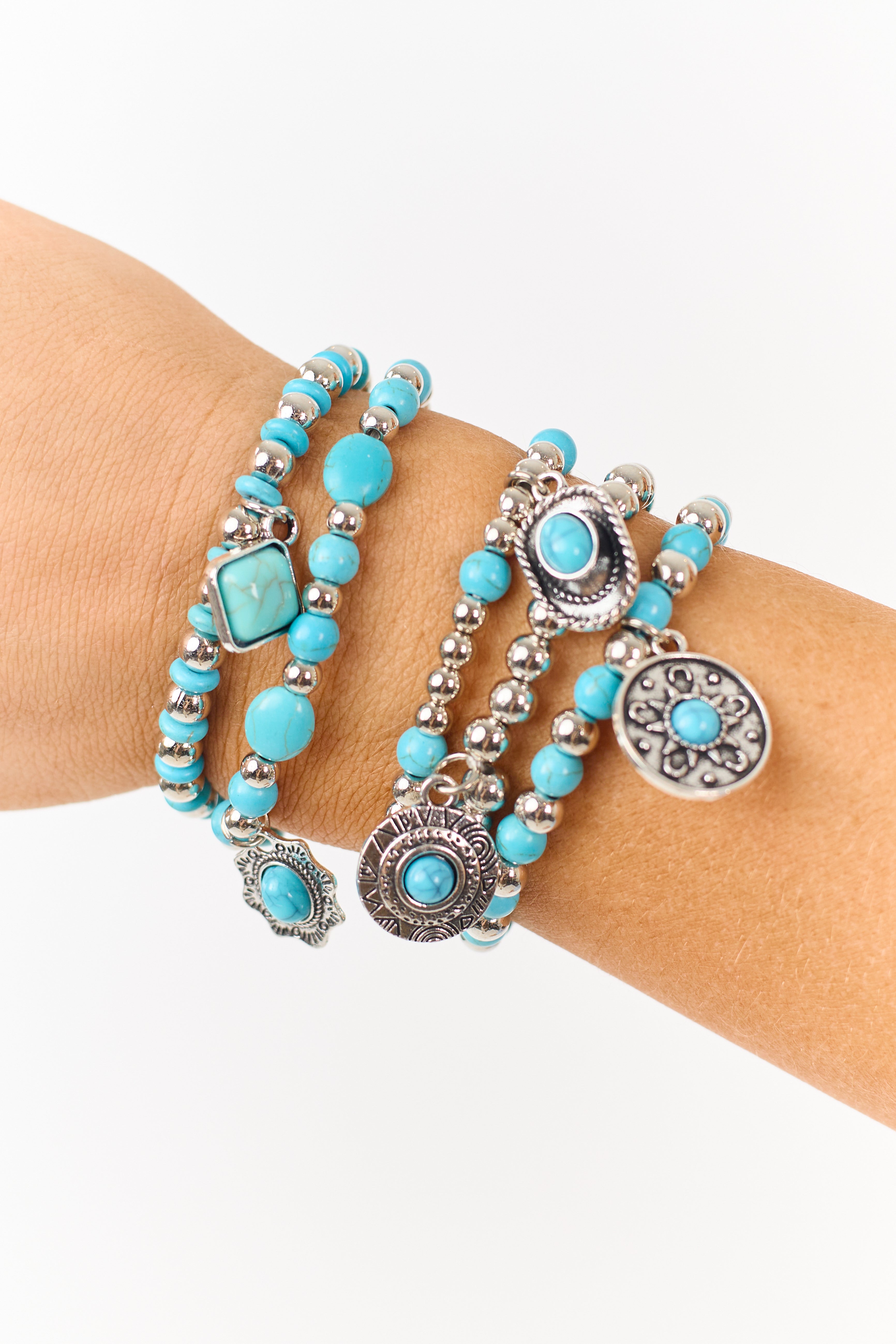 Silver and Turquoise Beaded Charm Bracelet Set