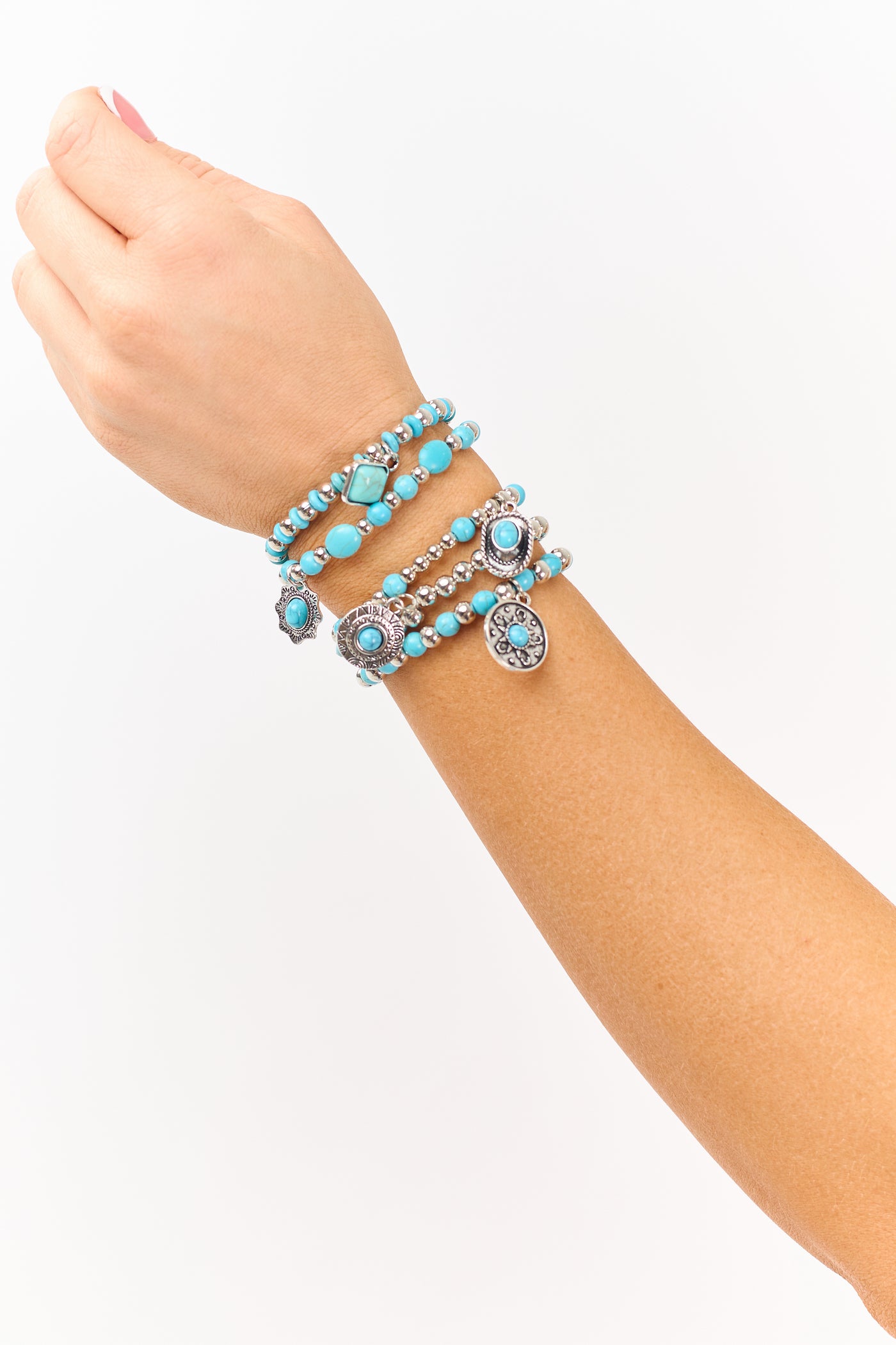 Silver and Turquoise Beaded Charm Bracelet Set