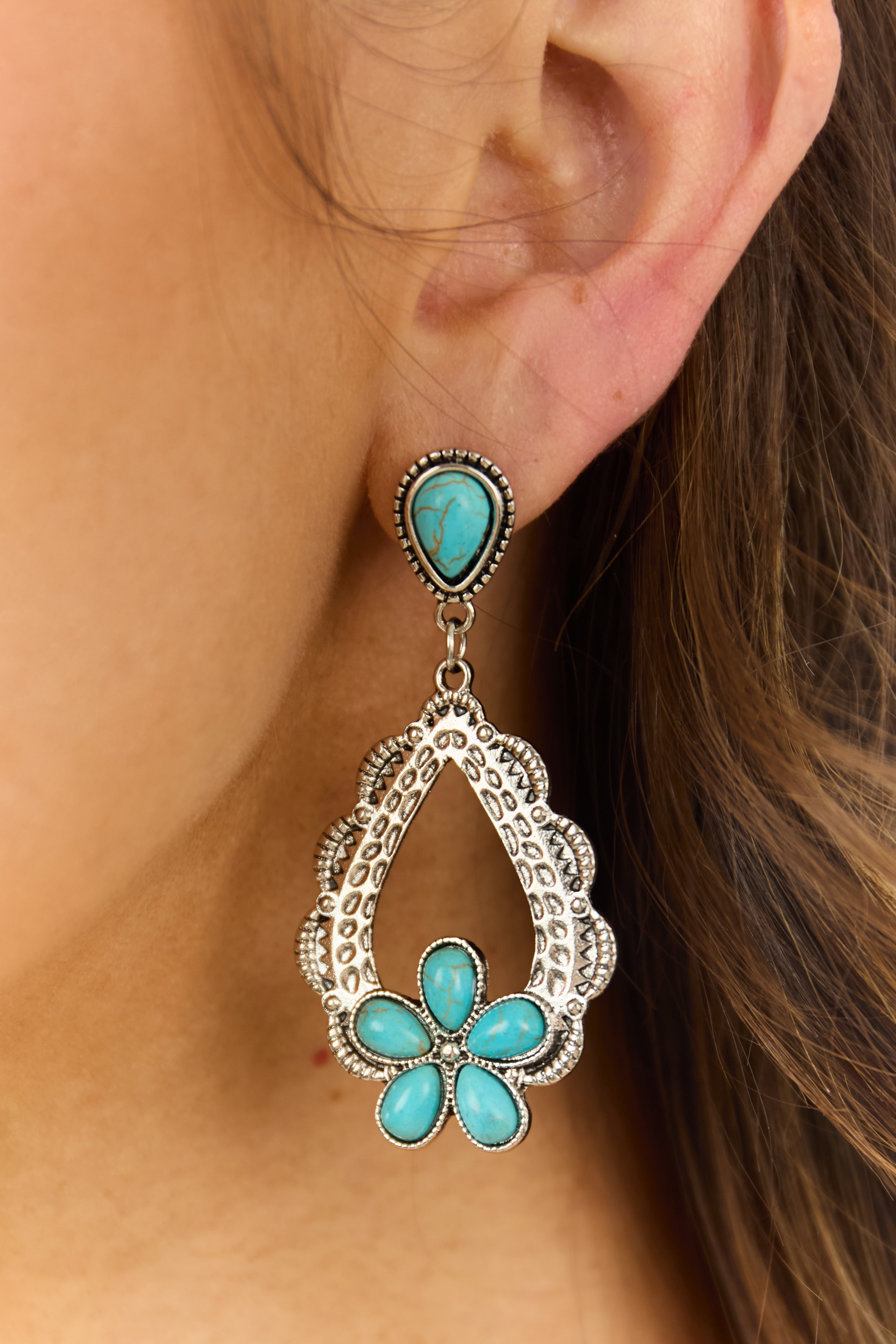 Silver and Turquoise Teardrop Western Drop Earrings