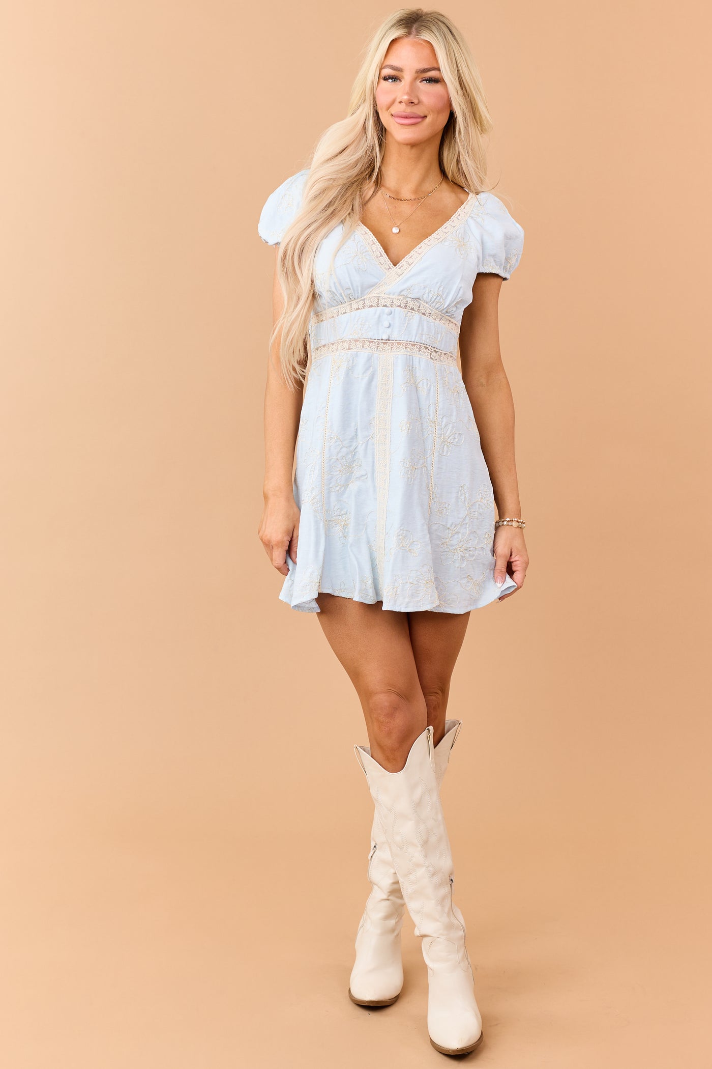 Sky Blue 3D Floral Embroidered Lace Trim Mini Dress