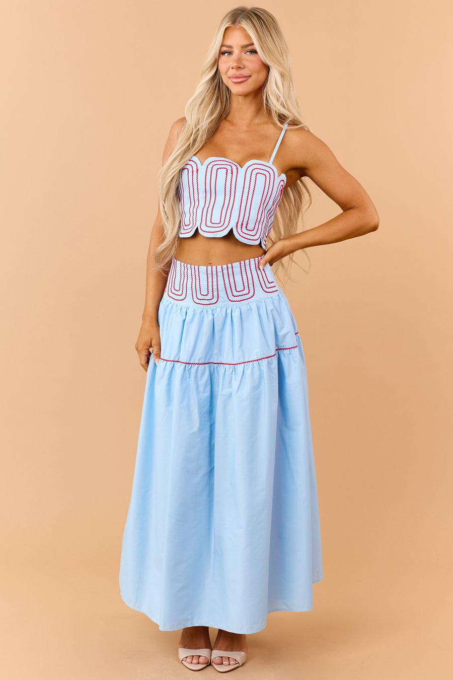 Sky Blue Cotton Contrast Detail Tank Top and Skirt Set