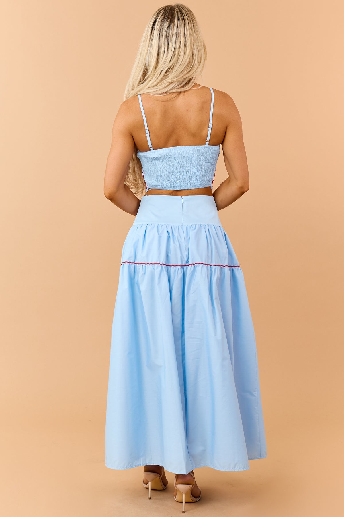 Sky Blue Cotton Contrast Detail Tank Top and Skirt Set