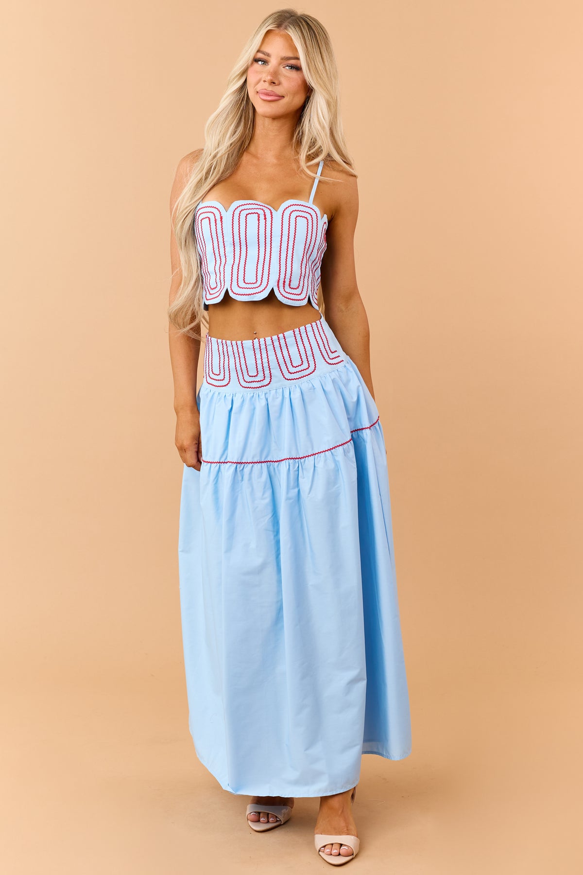 Sky Blue Cotton Contrast Detail Tank Top and Skirt Set