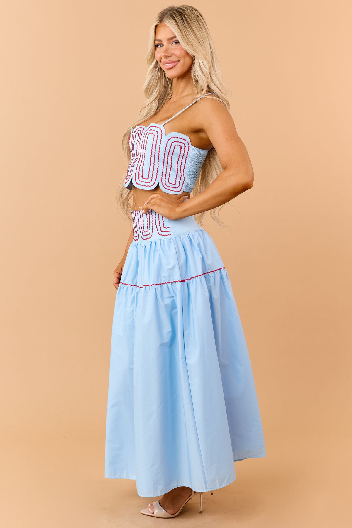 Sky Blue Cotton Contrast Detail Tank Top and Skirt Set