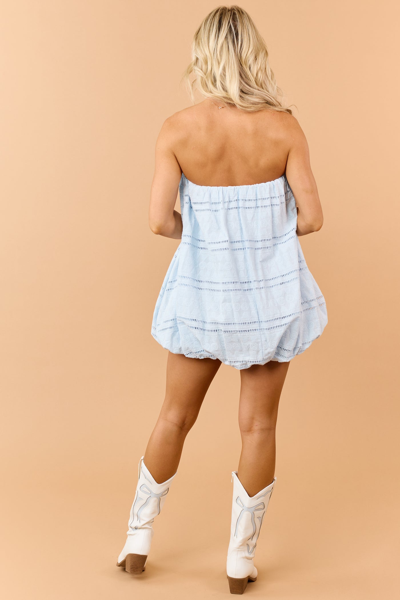 Sky Blue Cotton Eyelet Lace Bubble Hem Mini Dress
