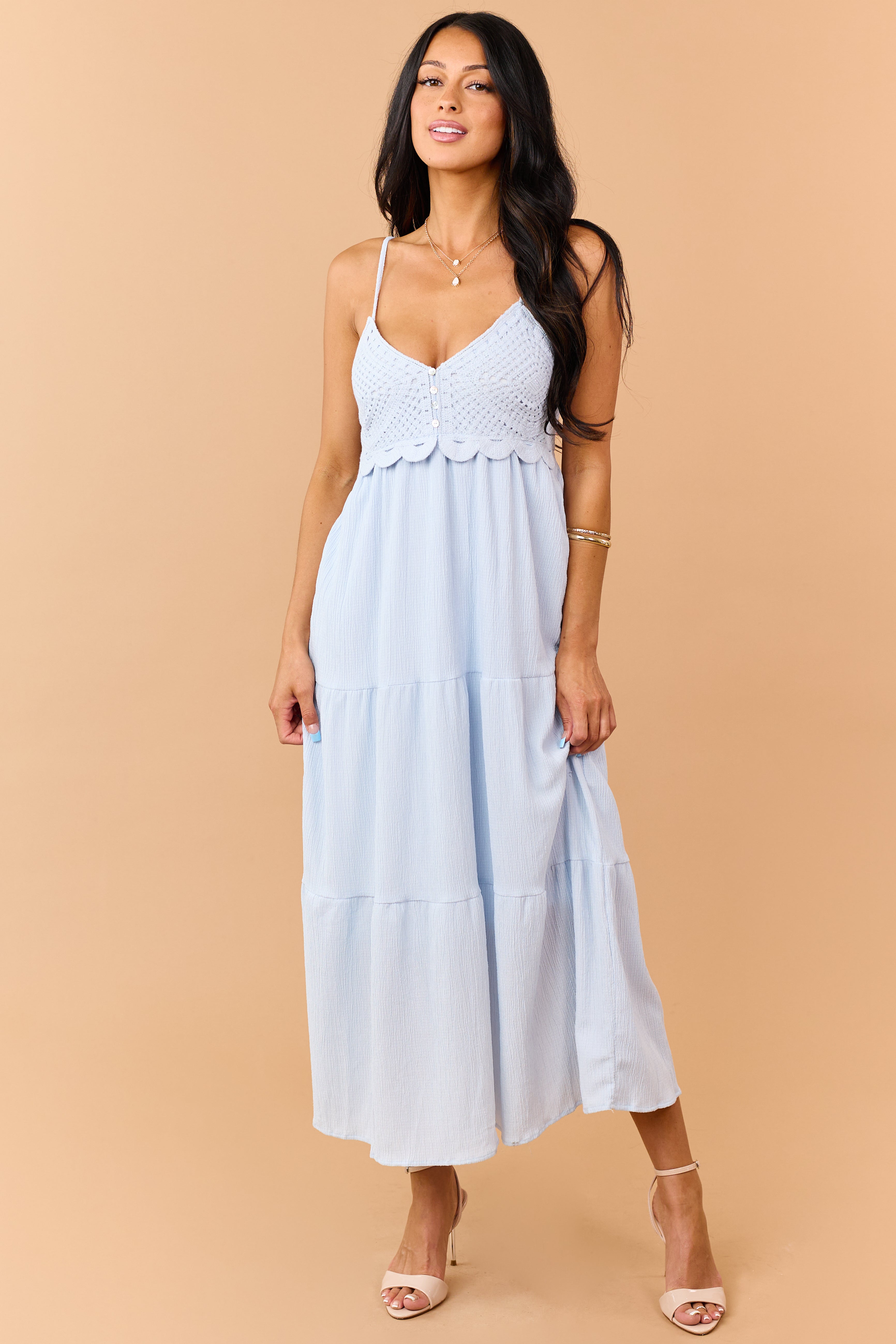Sky Blue Crochet Bodice Tiered Maxi Dress