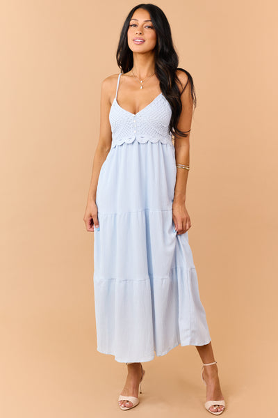 Sky Blue Crochet Bodice Tiered Maxi Dress