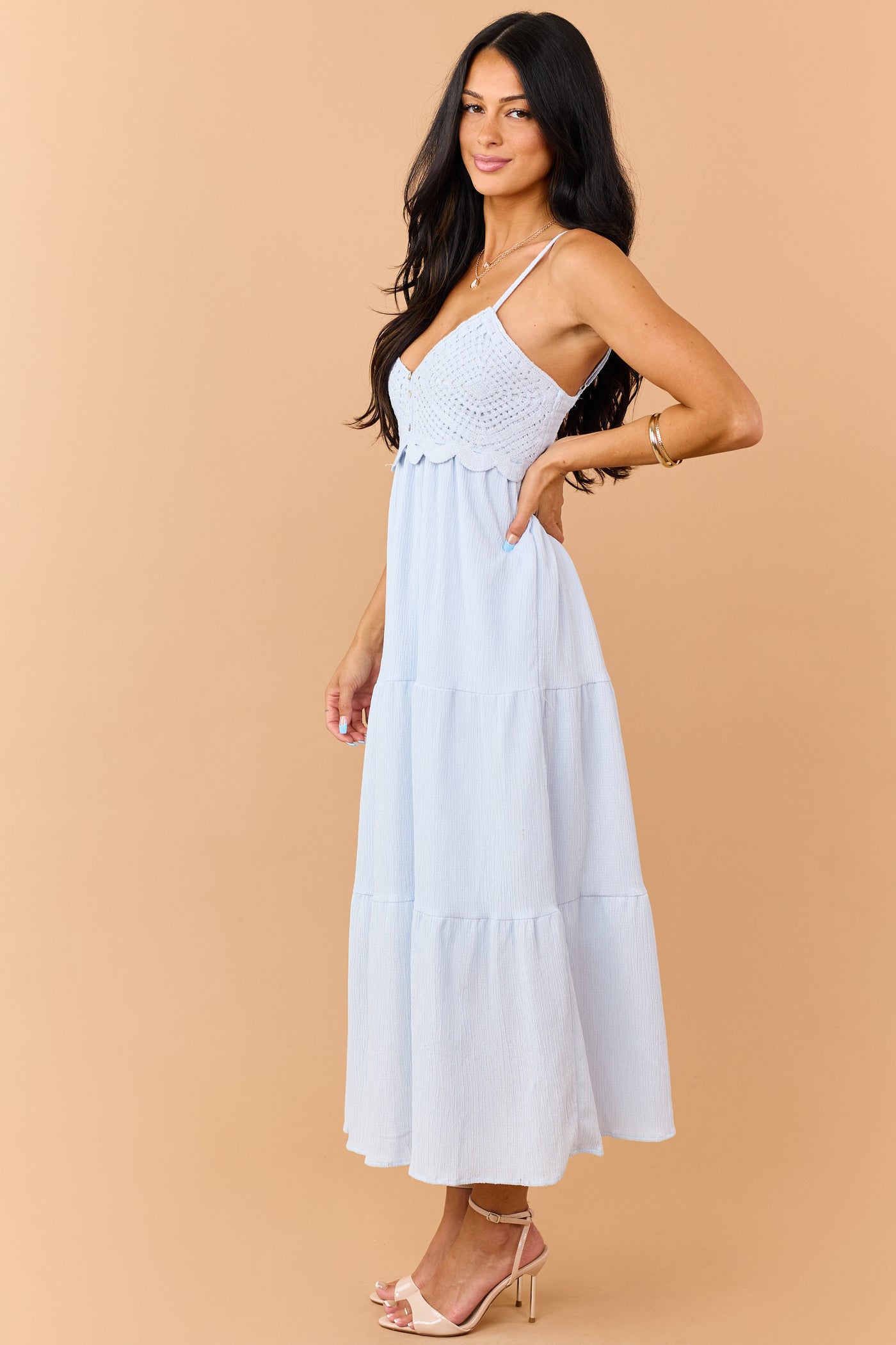 light blue tiered dress Sky Blue Crochet Bodice Tiered Maxi Dress