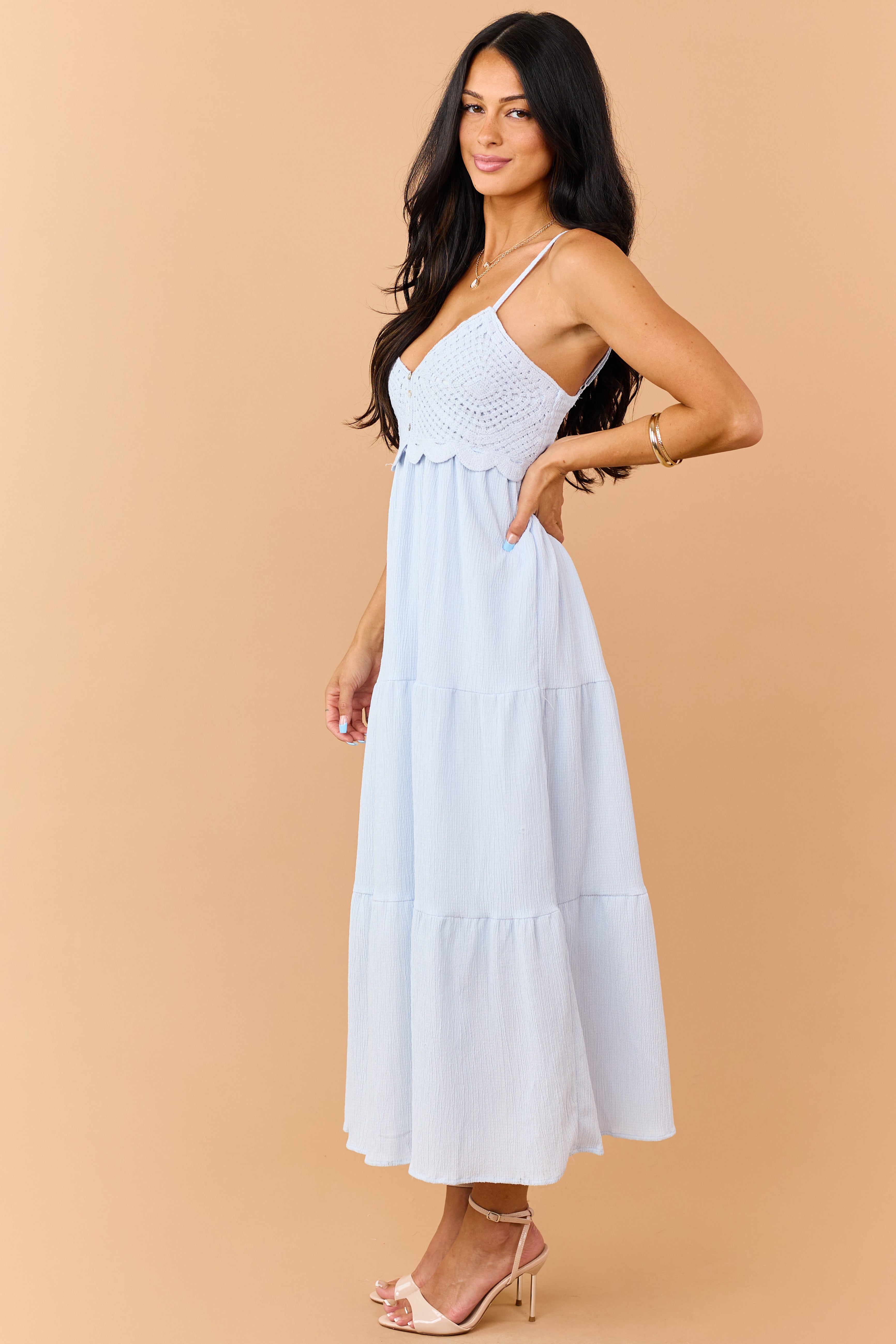 Sky Blue Crochet Bodice Tiered Maxi Dress