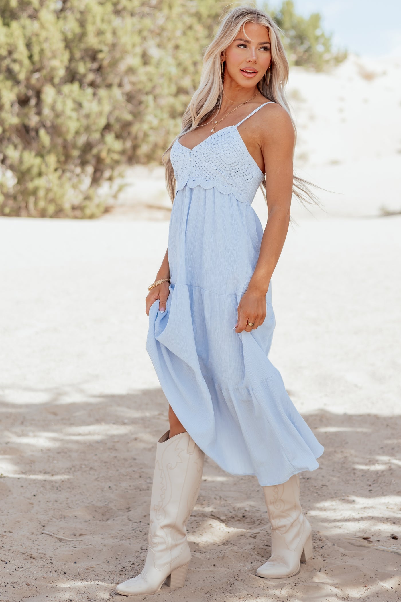 Sky Blue Crochet Bodice Tiered Maxi Dress
