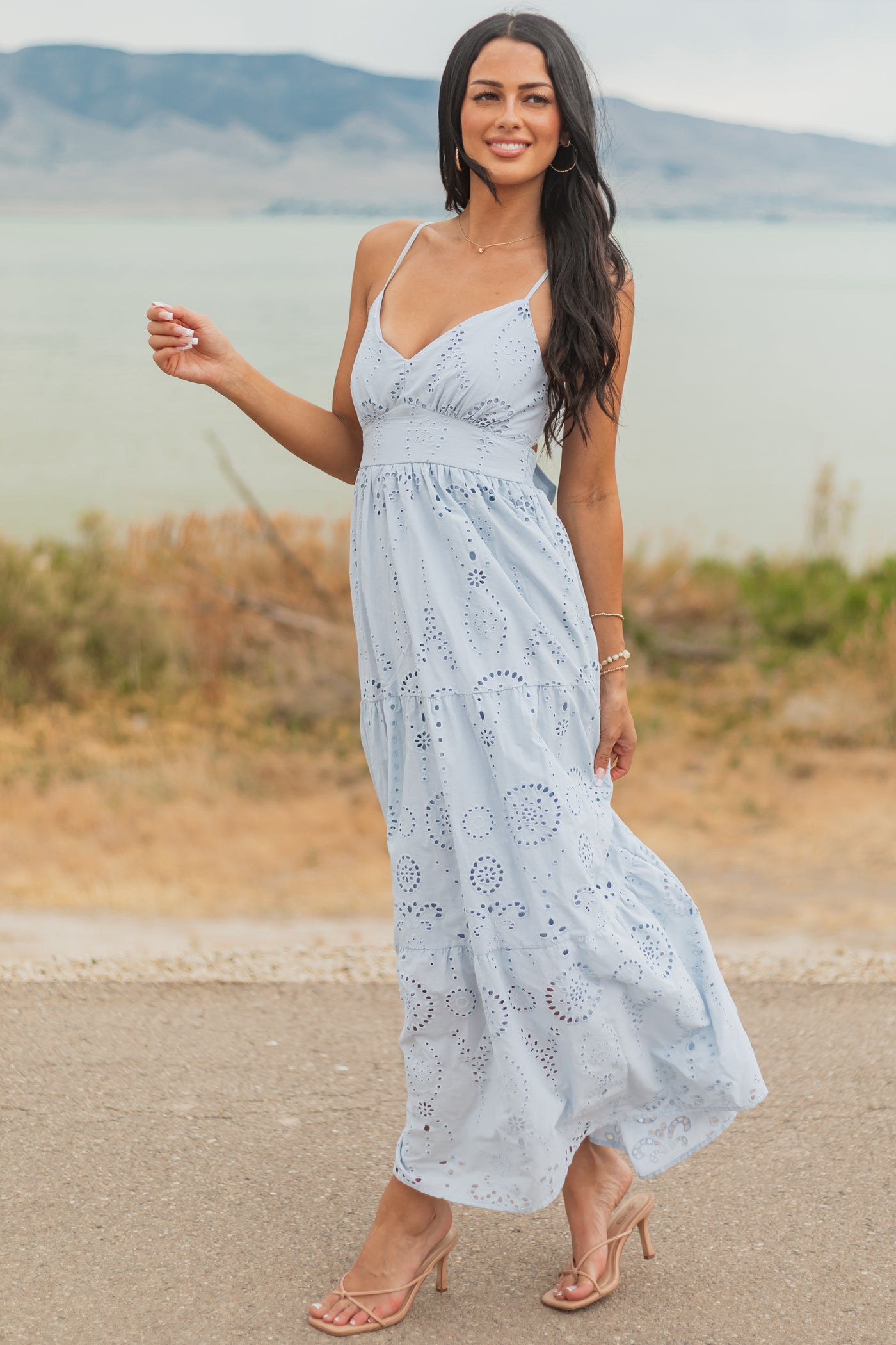 Sky Blue Floral Eyelet Sleeveless Cotton Maxi Dress - S Sky Blue Floral Eyelet Sleeveless Cotton Maxi Dress - S