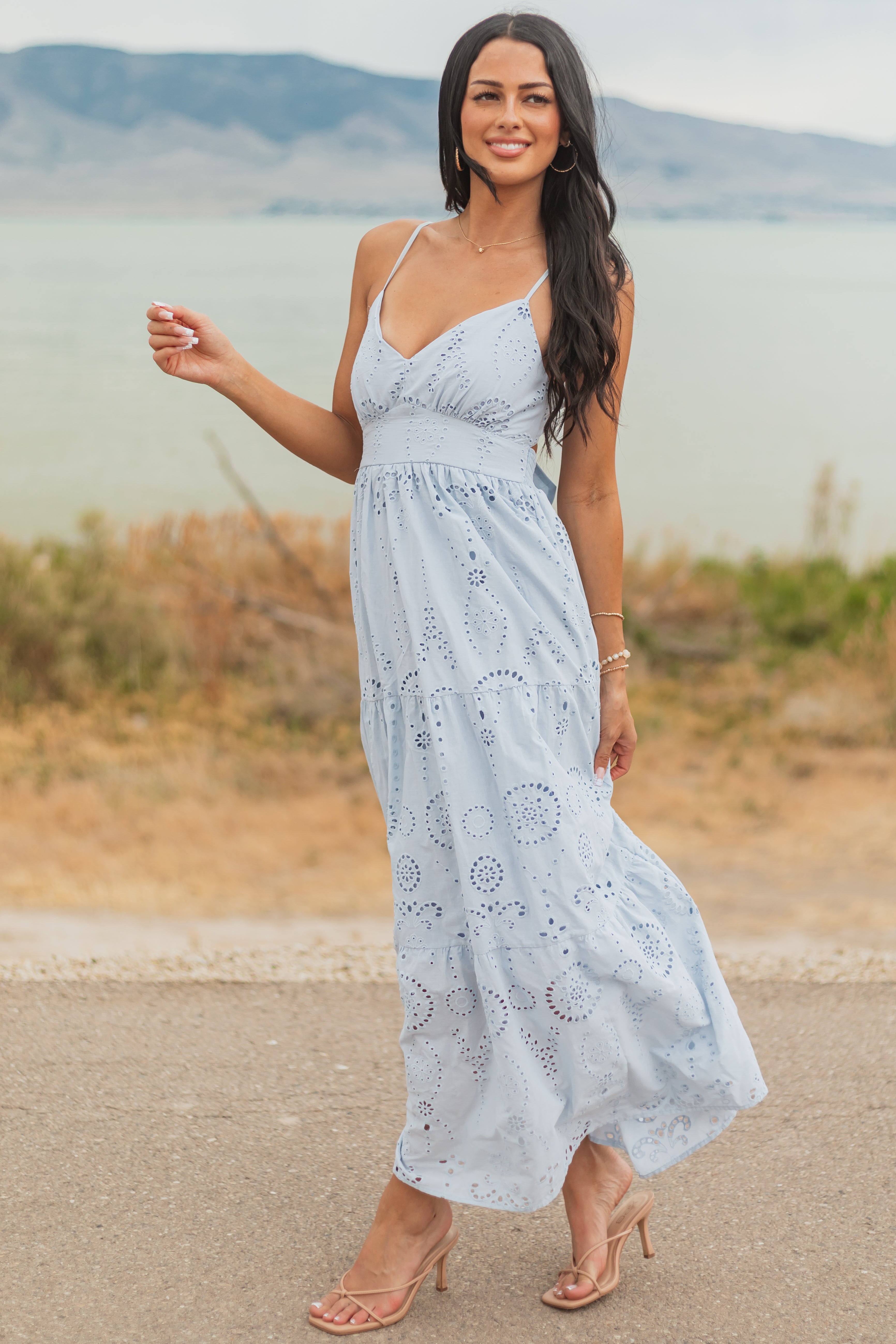 Sky Blue Floral Eyelet Sleeveless Cotton Maxi Dress - S Sky Blue Floral Eyelet Sleeveless Cotton Maxi Dress - S