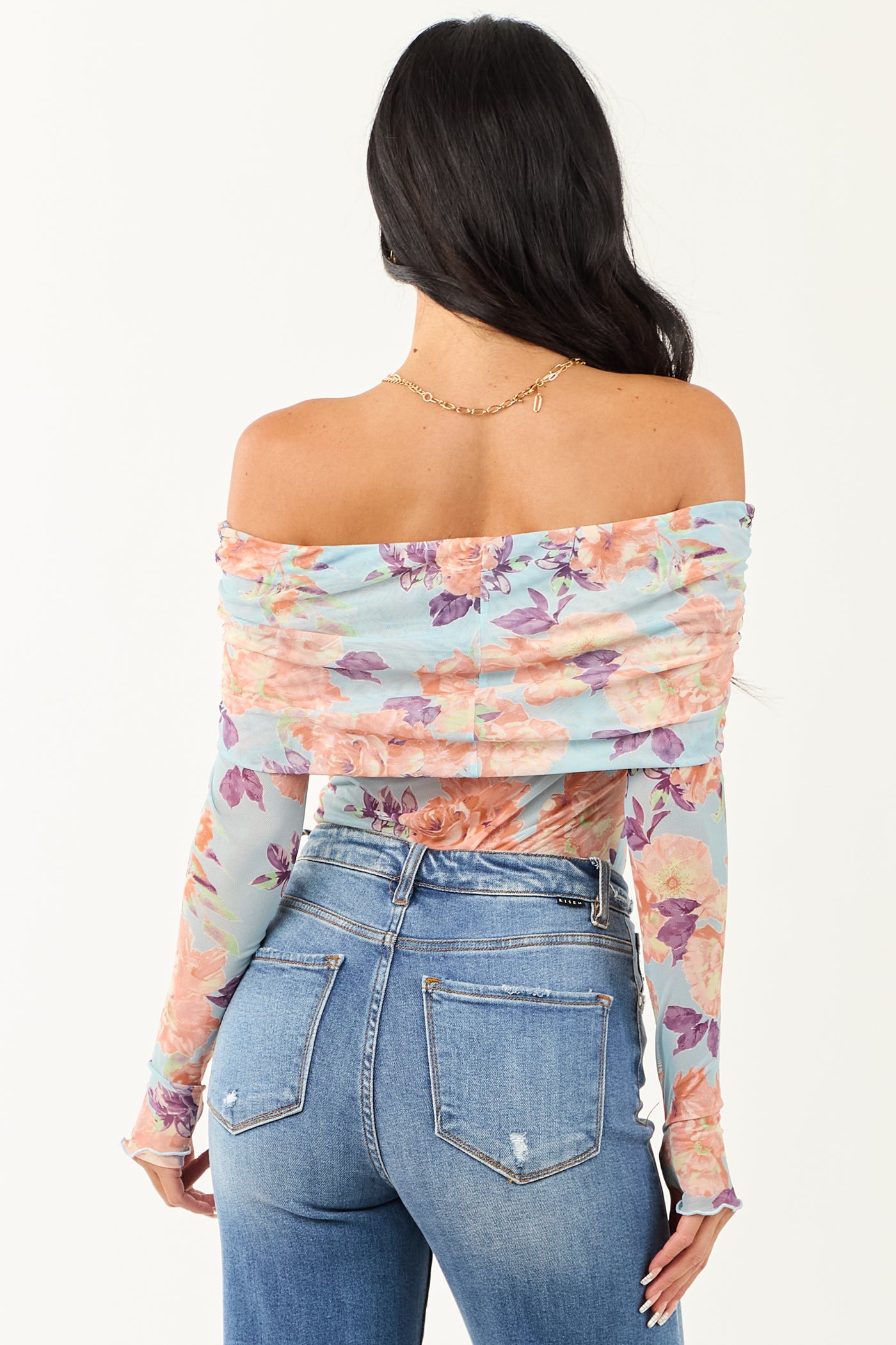 Sky Blue Floral Print Off the Shoulder Bodysuit